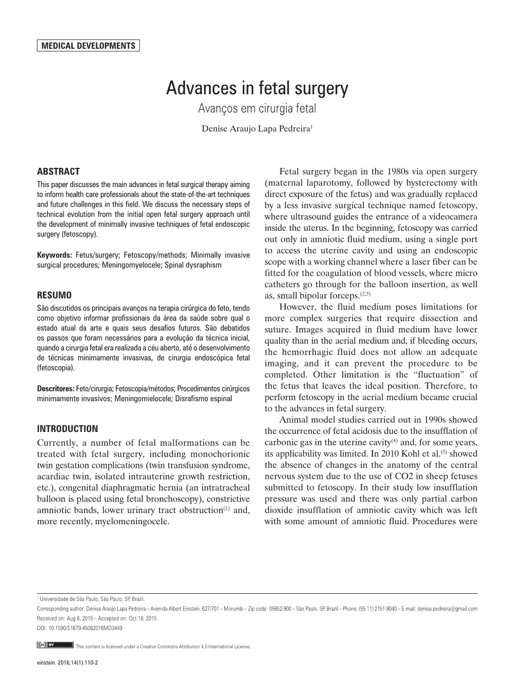 Advances in Fetal Surgery Avanços Em Cirurgia Fetal