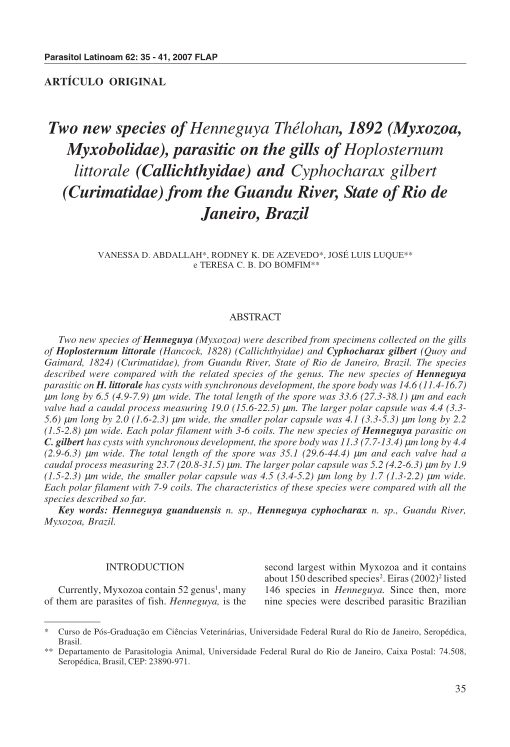 (Myxozoa, Myxobolidae), Parasitic on the Gills of Hoplosternum Littorale