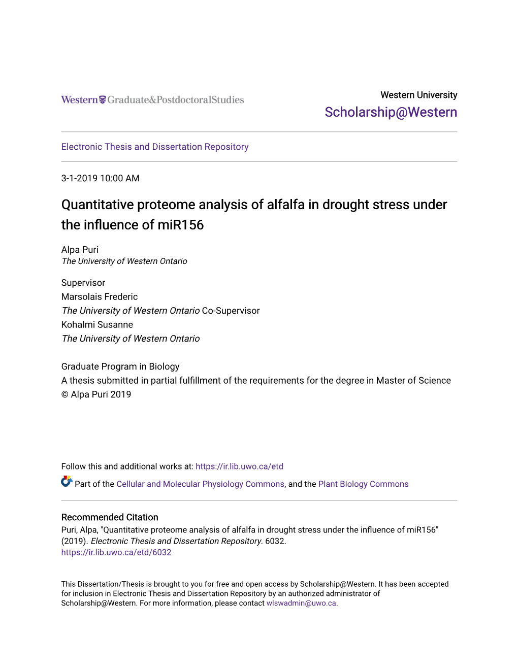 Quantitative Proteome Analysis of Alfalfa in Drought Stress Under the Influence of Mir156