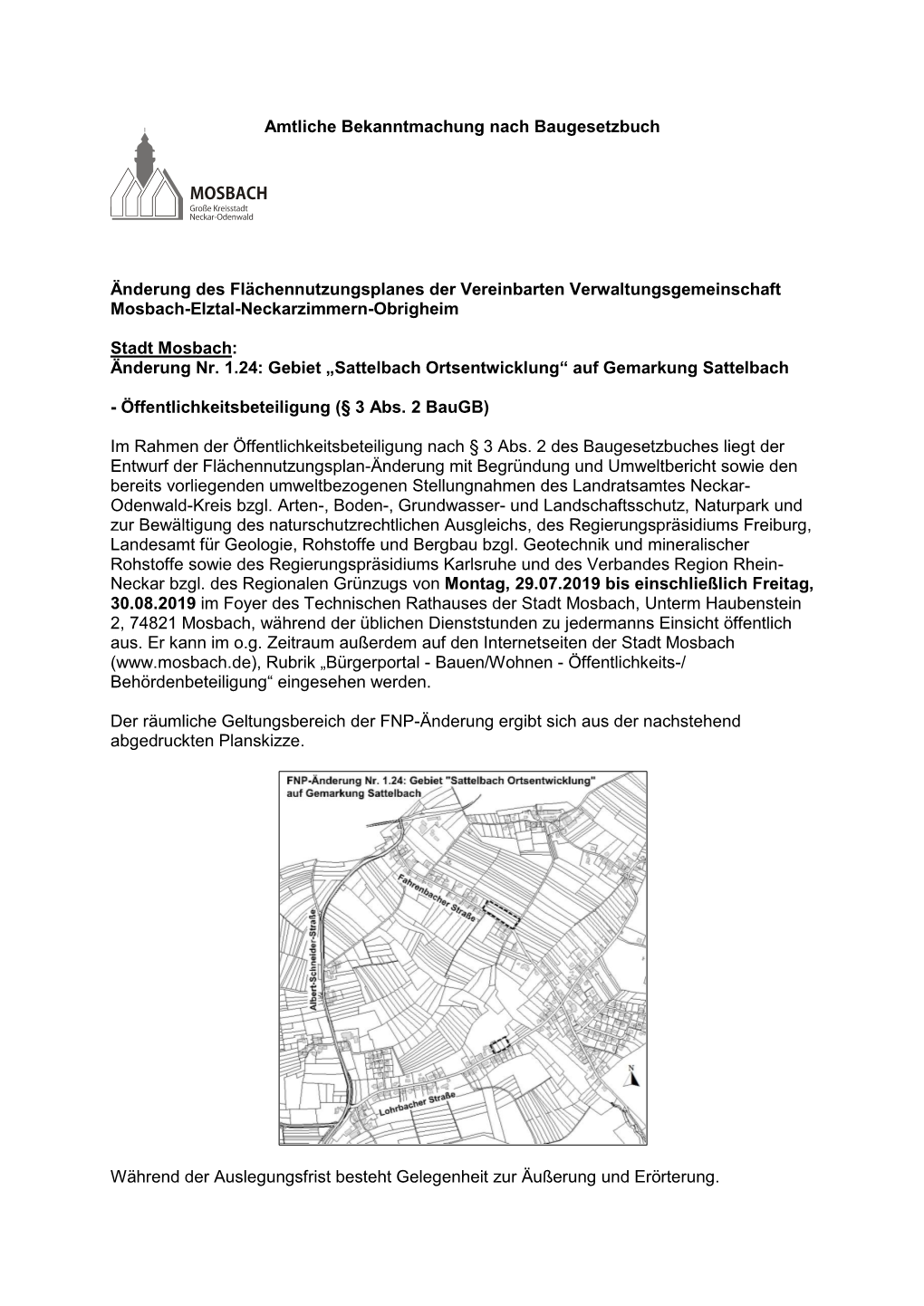 Änderung Des Flächennutzungsplanes Der Vereinbarten Verwaltungsgemeinschaft Mosbach-Elztal-Neckarzimmern-Obrigheim Stadt Mosba