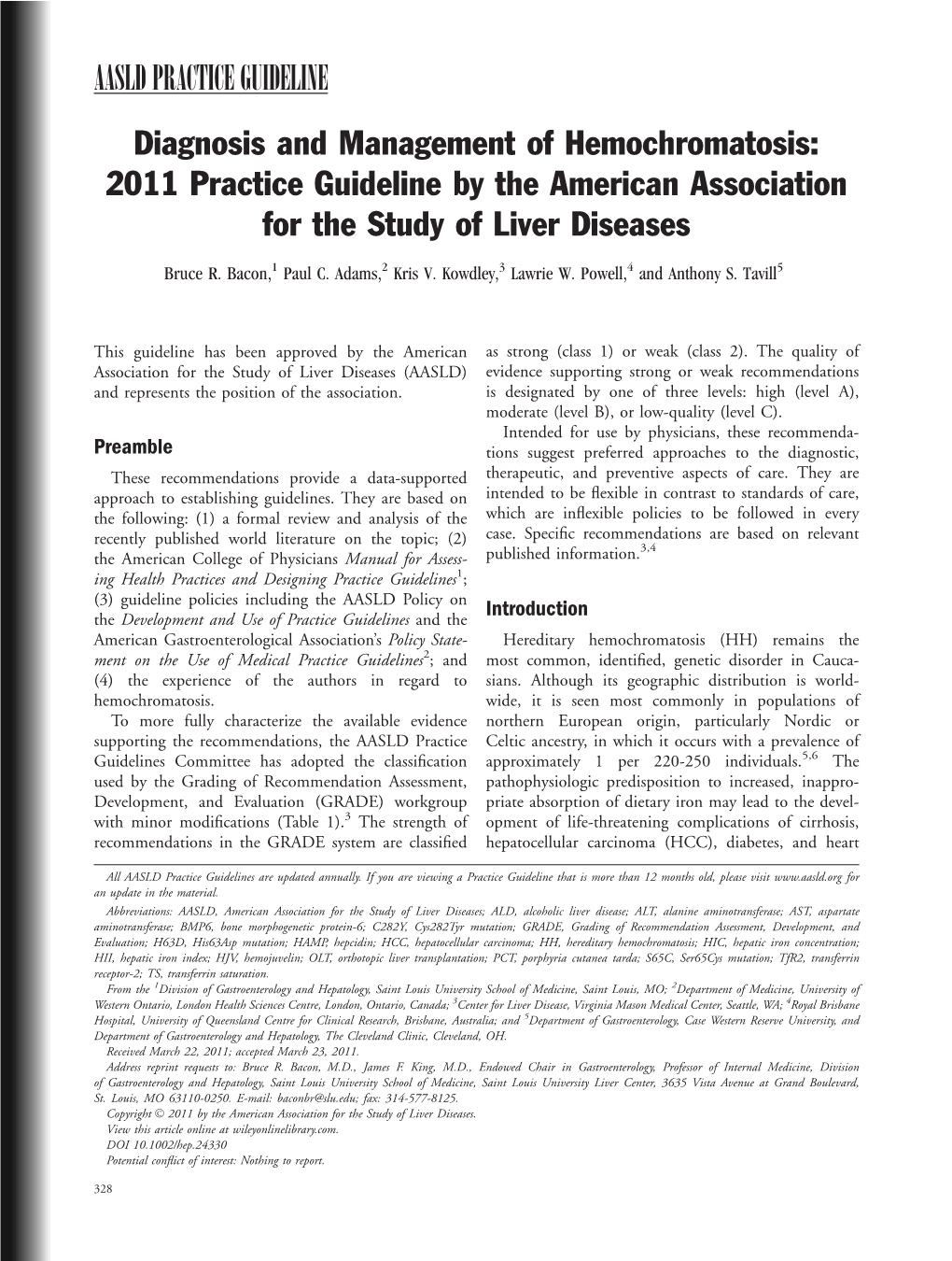 Diagnosis and Management of Hemochromatosis: 2011 Practice Guideline by the American Association for the Study of Liver Diseases