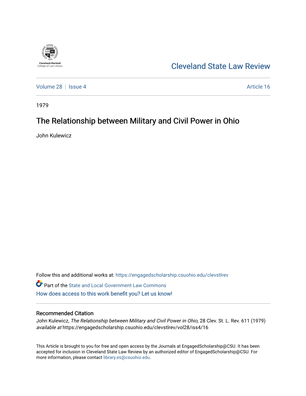 The Relationship Between Military and Civil Power in Ohio