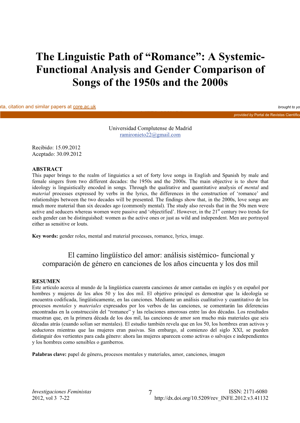 The Linguistic Path of “Romance”: a Systemic-Functional Analysis And