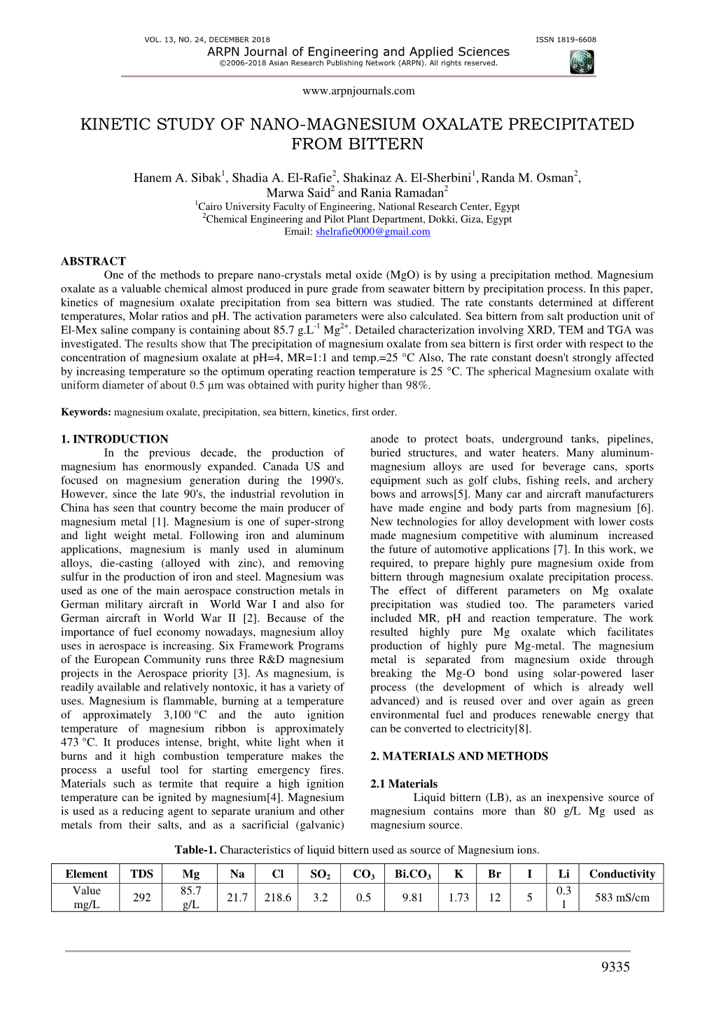 Kinetic Study of Nano-Magnesium Oxalate Precipitated from Bittern