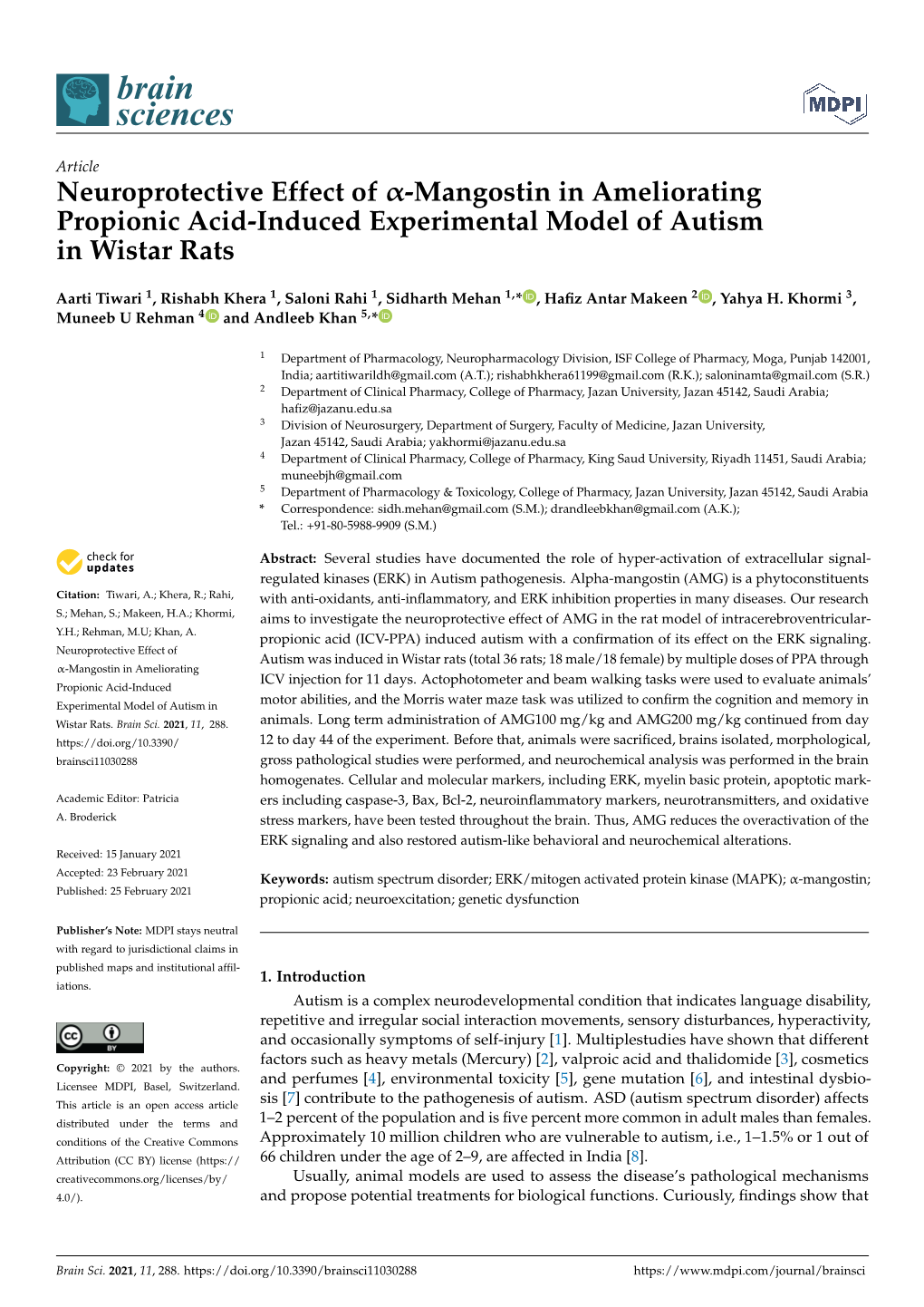 Mangostin in Ameliorating Propionic Acid-Induced Experimental Model of Autism in Wistar Rats