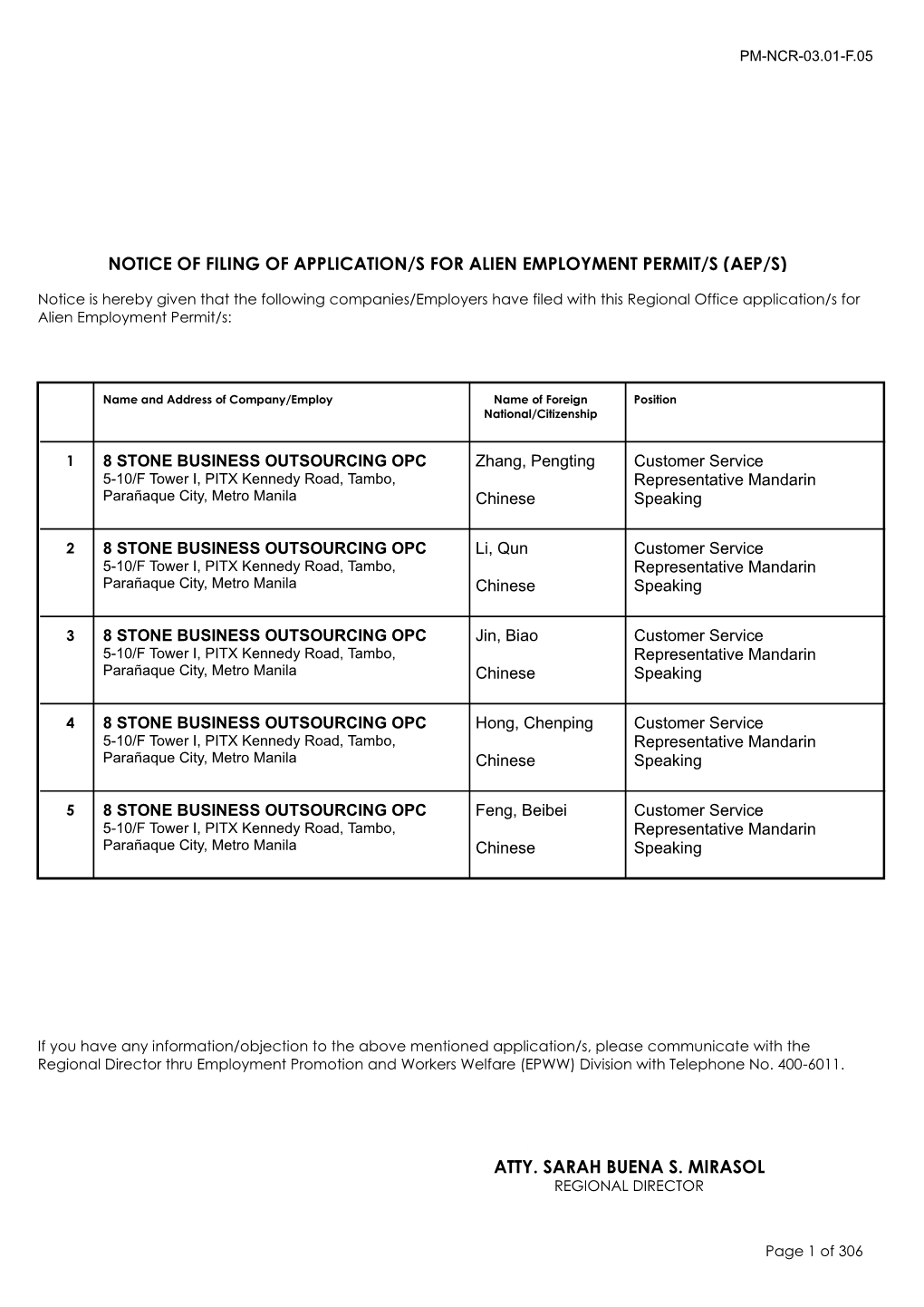 Notice of Filing of Application/S for Alien Employment Permit/S (Aep/S)