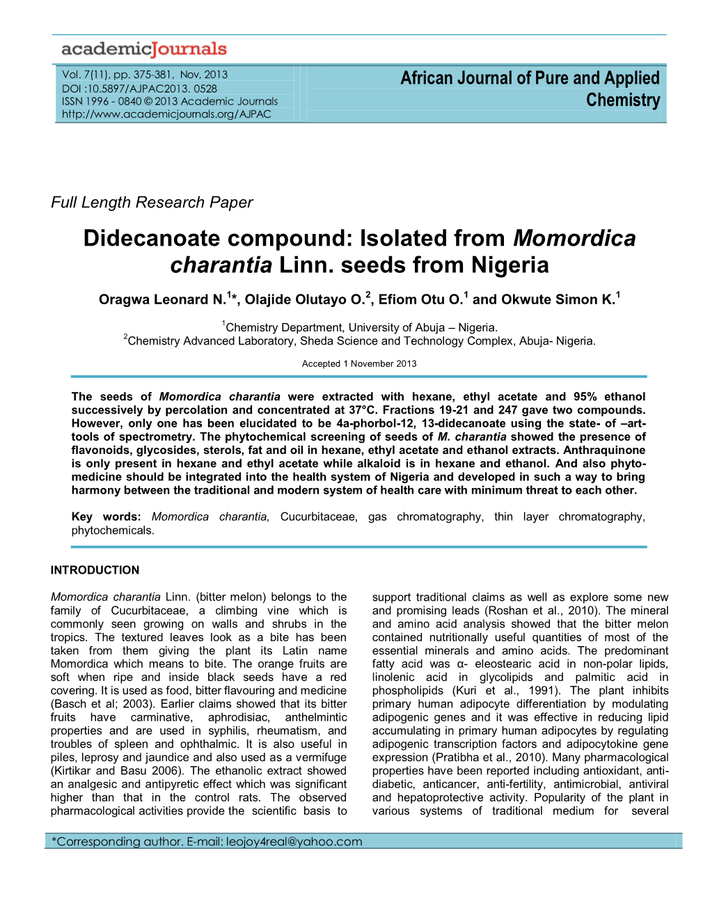 Didecanoate Compound: Isolated from Momordica Charantia Linn. Seeds from Nigeria