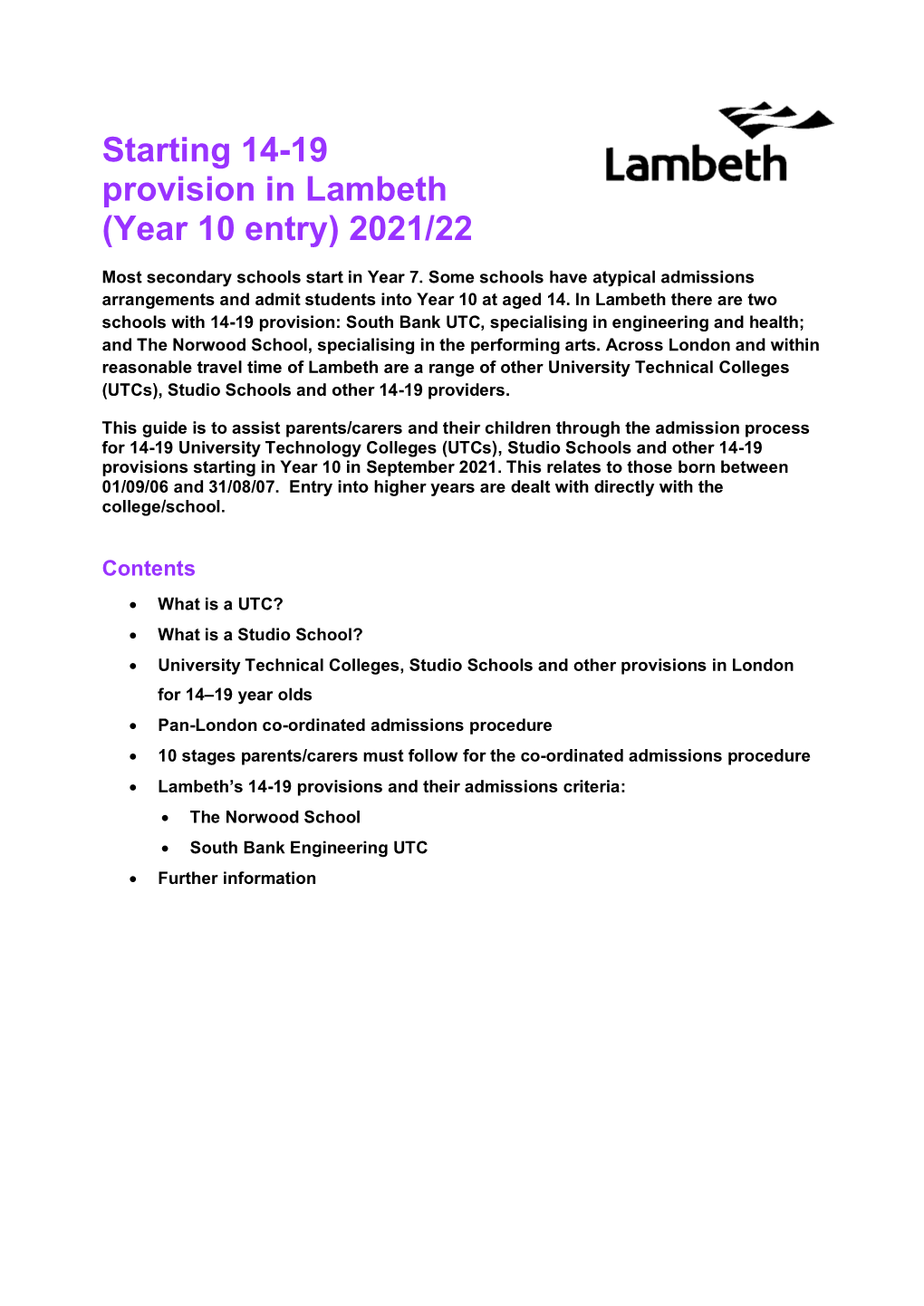 Starting 14-19 Provision in Lambeth (Year 10 Entry) 2021/22