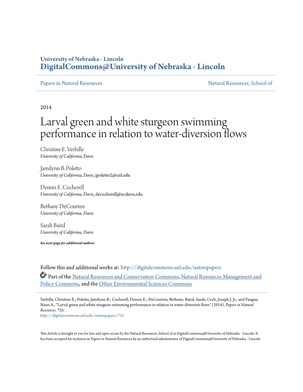 Larval Green and White Sturgeon Swimming Performance in Relation to Water-Diversion Flows Christine E