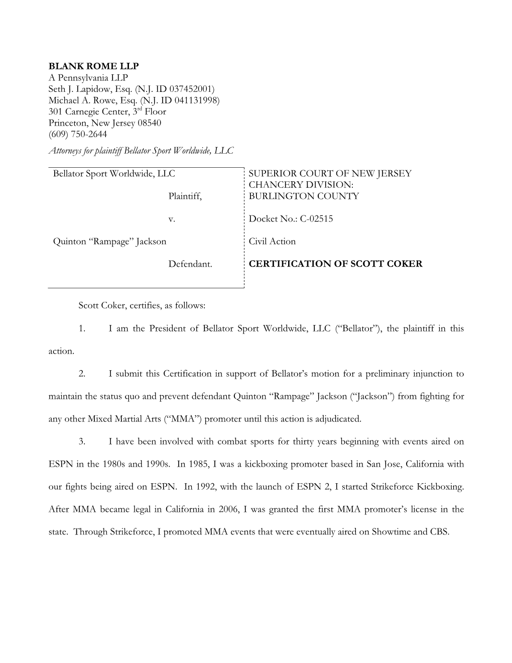 Bellator Jackson Injunction Filing