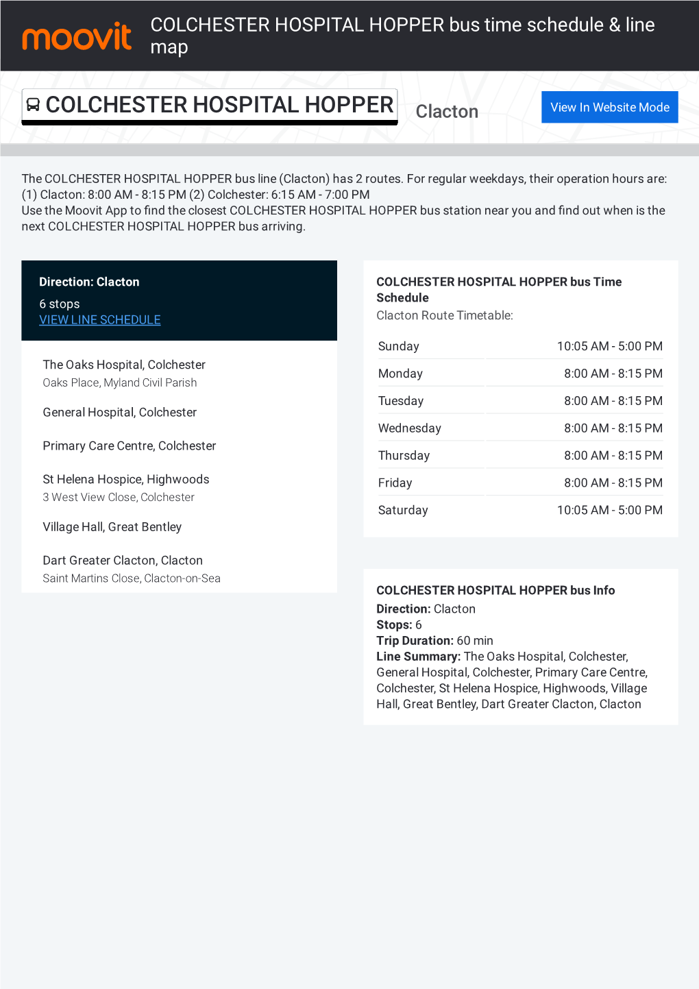 COLCHESTER HOSPITAL HOPPER Bus Time Schedule & Line Route