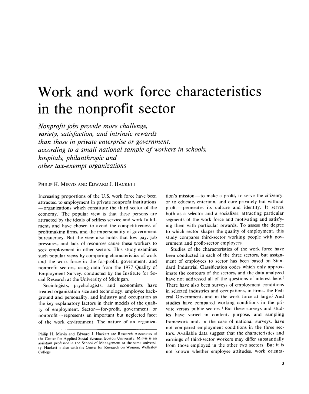 Work and Work Force Characteristics in the Nonprofit Sector
