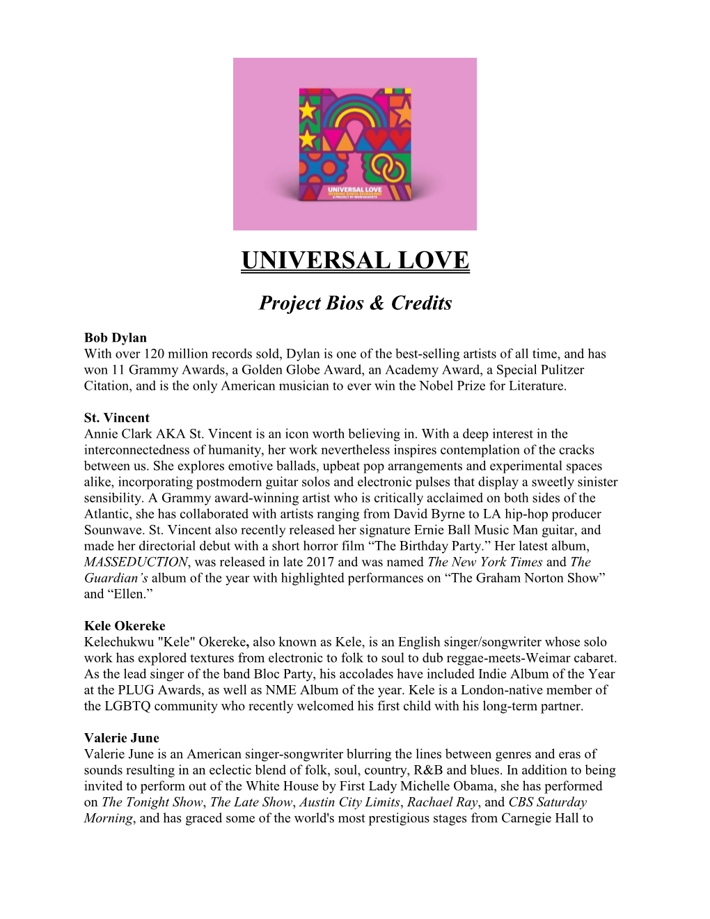 UNIVERSAL LOVE Project Bios & Credits