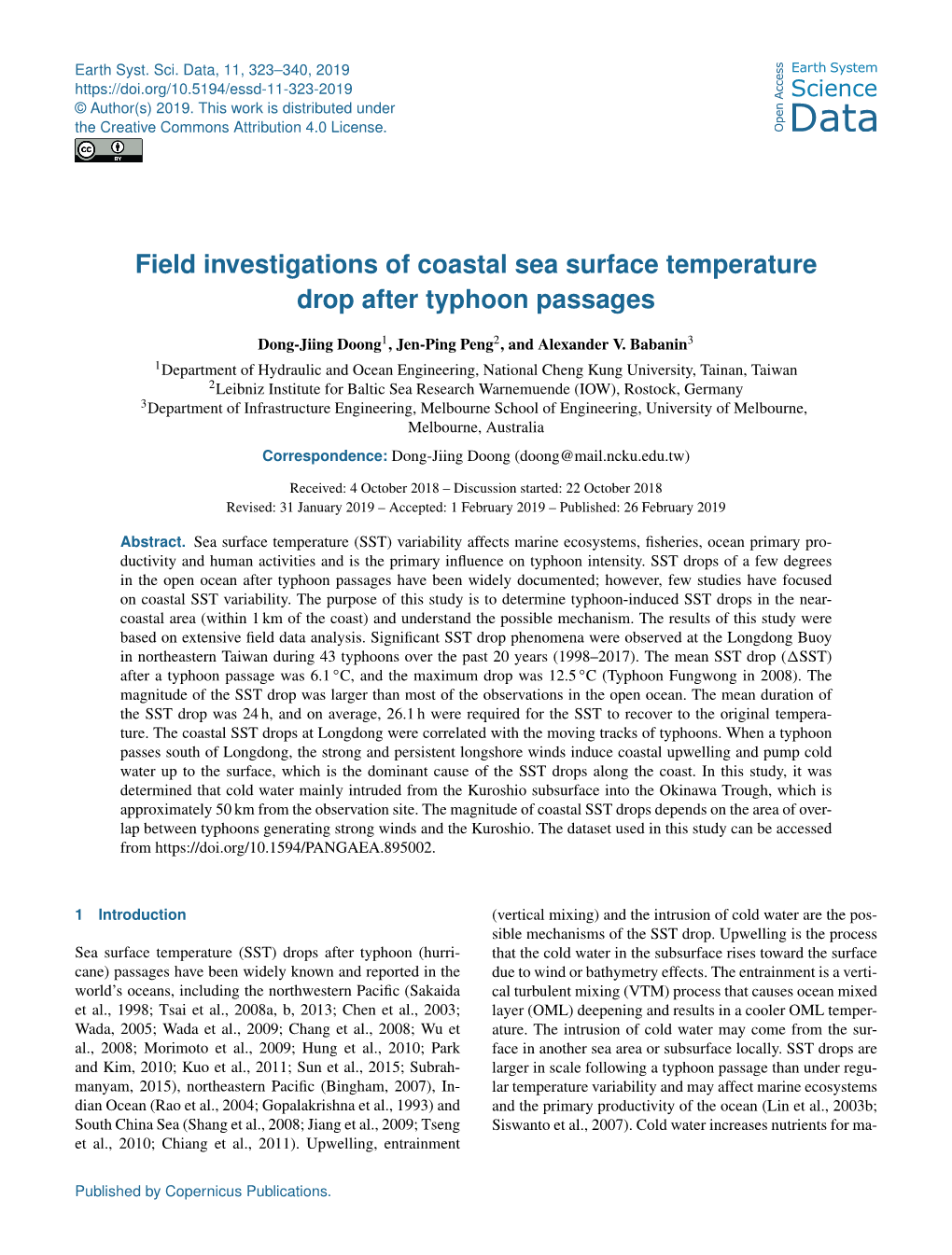 Field Investigations of Coastal Sea Surface Temperature Drop After Typhoon Passages