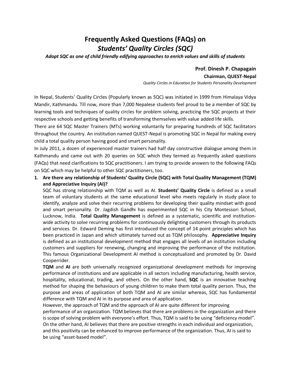 On Students' Quality Circles (SQC)