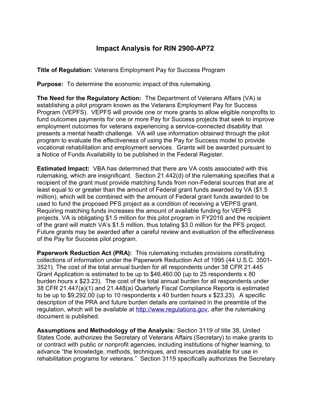 Impact Analysis for RIN 2900-AP72