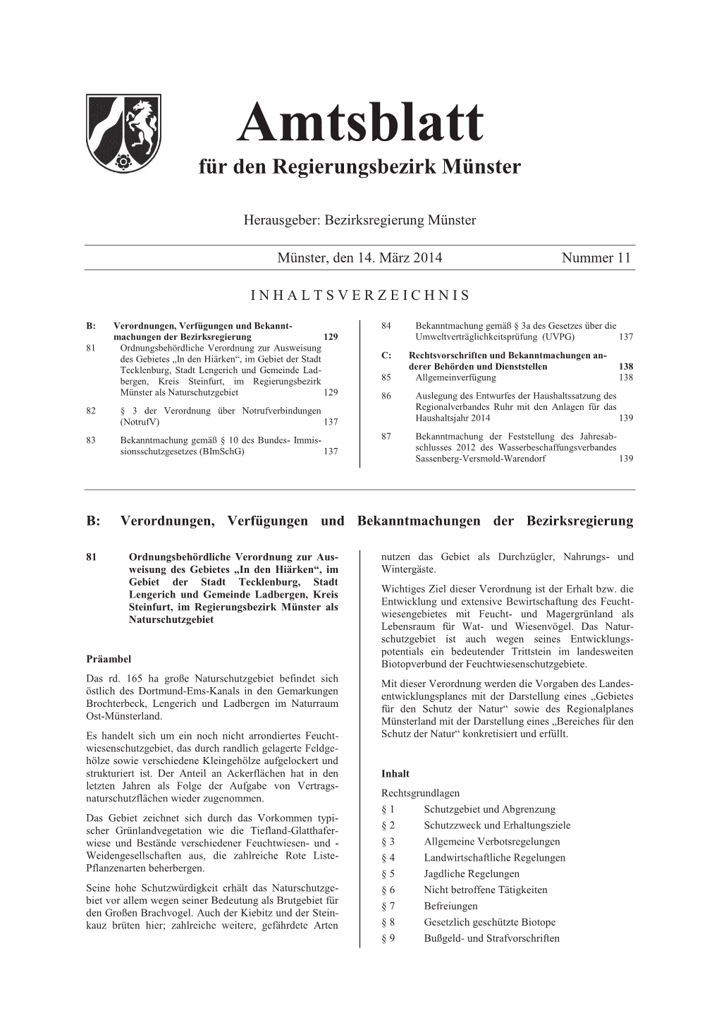 Amtsblatt Für Den Regierungsbezirk Münster