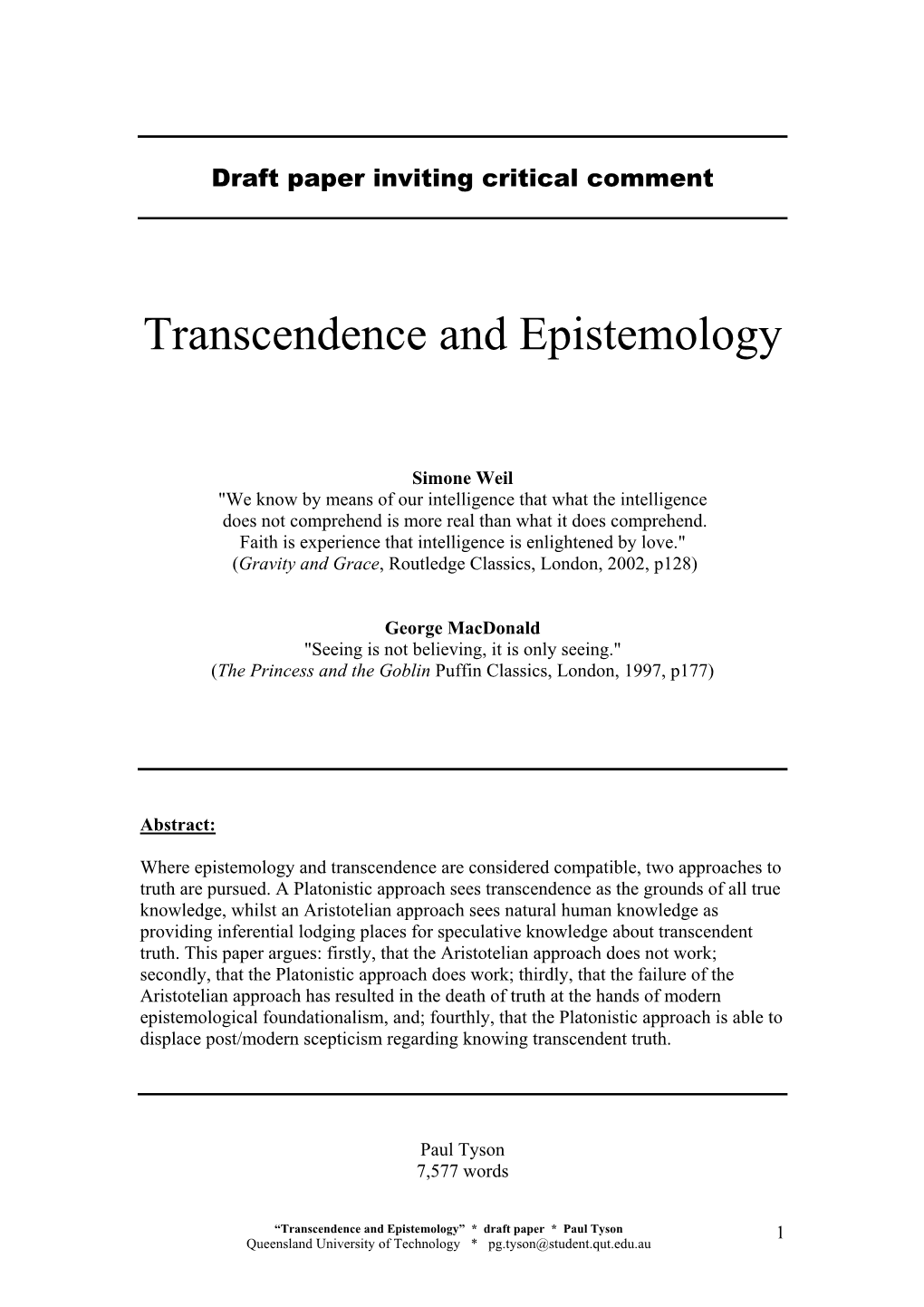 Transcendence and Epistemology