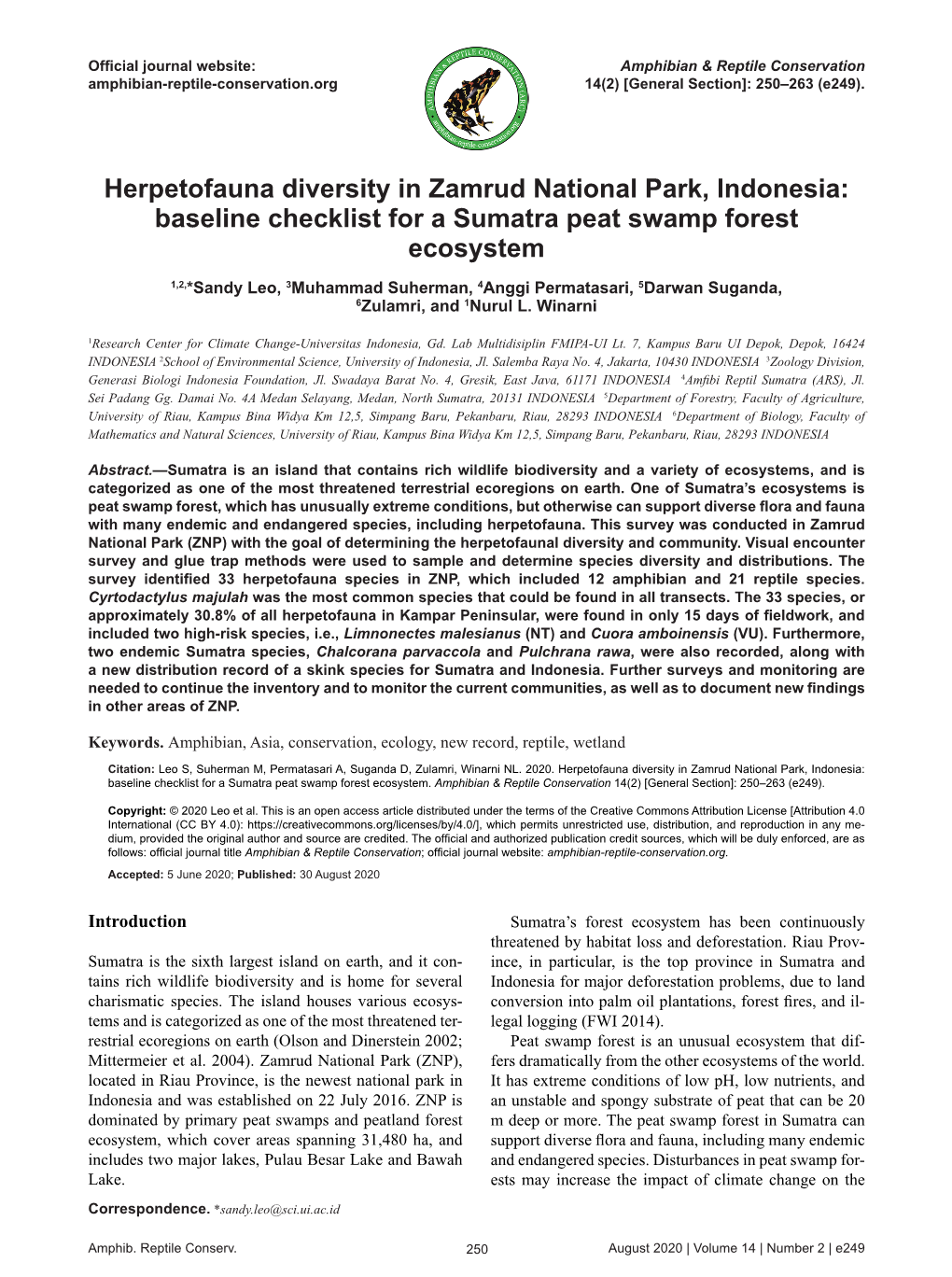 Herpetofauna Diversity in Zamrud National Park, Indonesia: Baseline