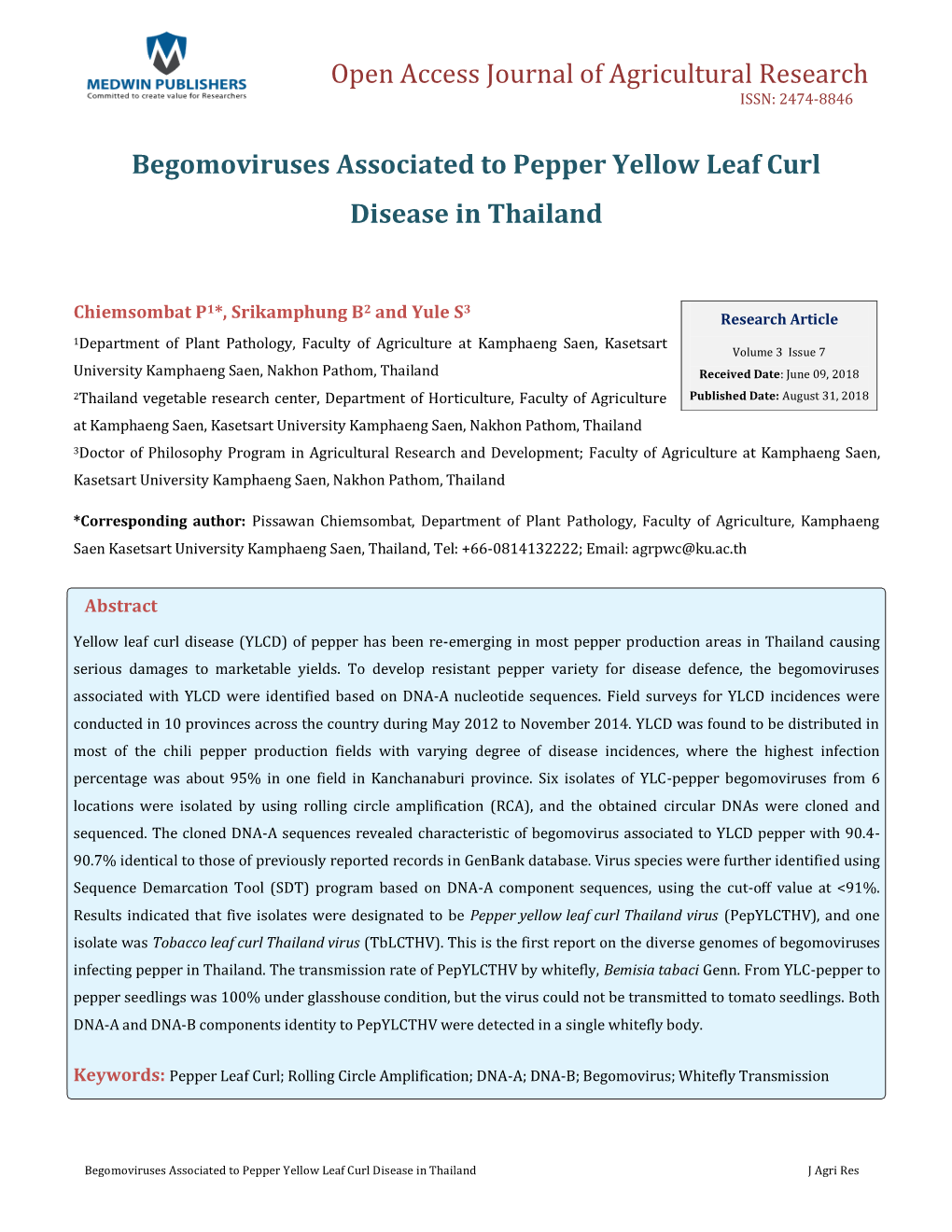 Begomoviruses Associated to Pepper Yellow Leaf Curl Disease in Thailand