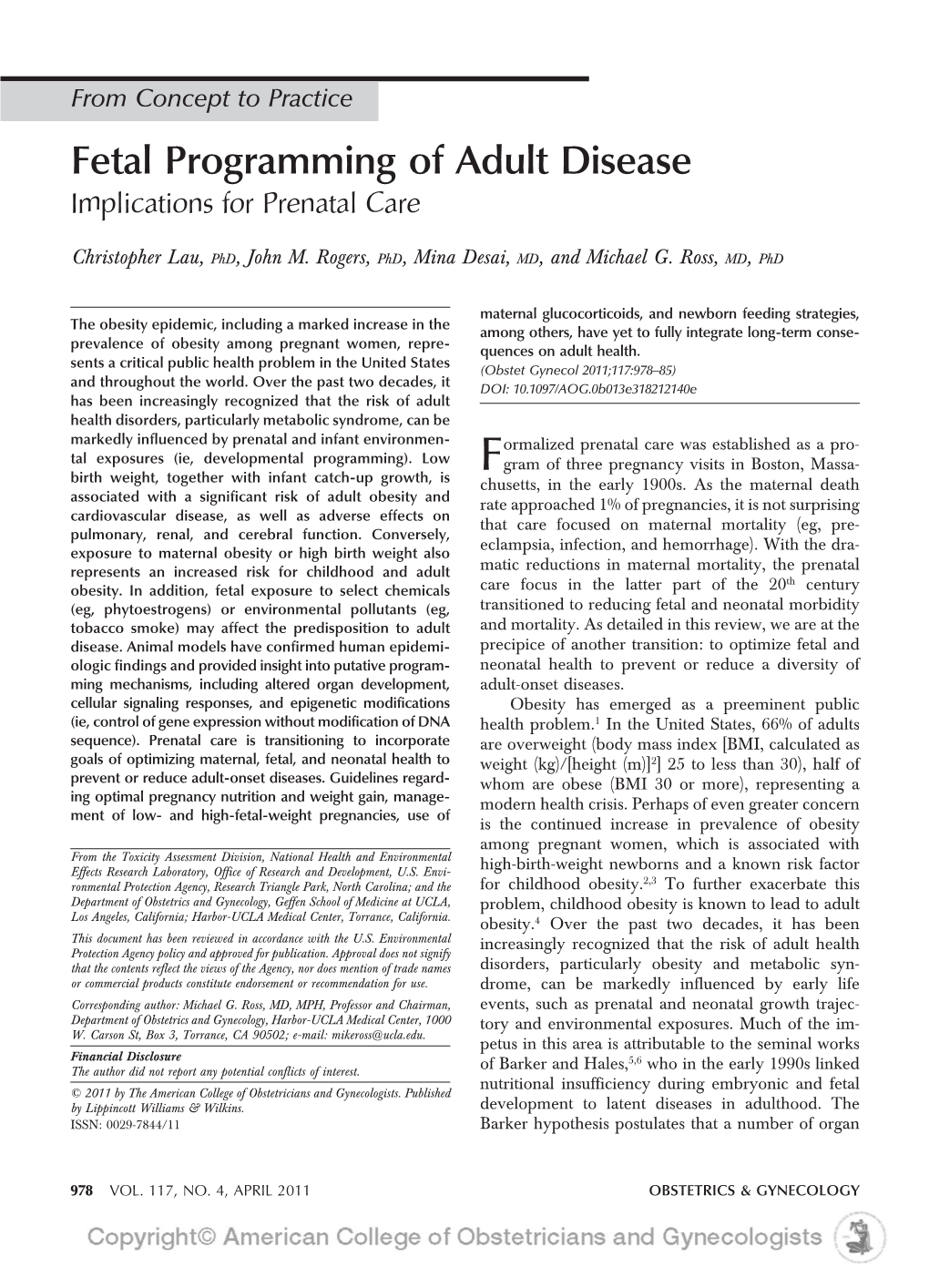 Fetal Programming of Adult Disease Implications for Prenatal Care