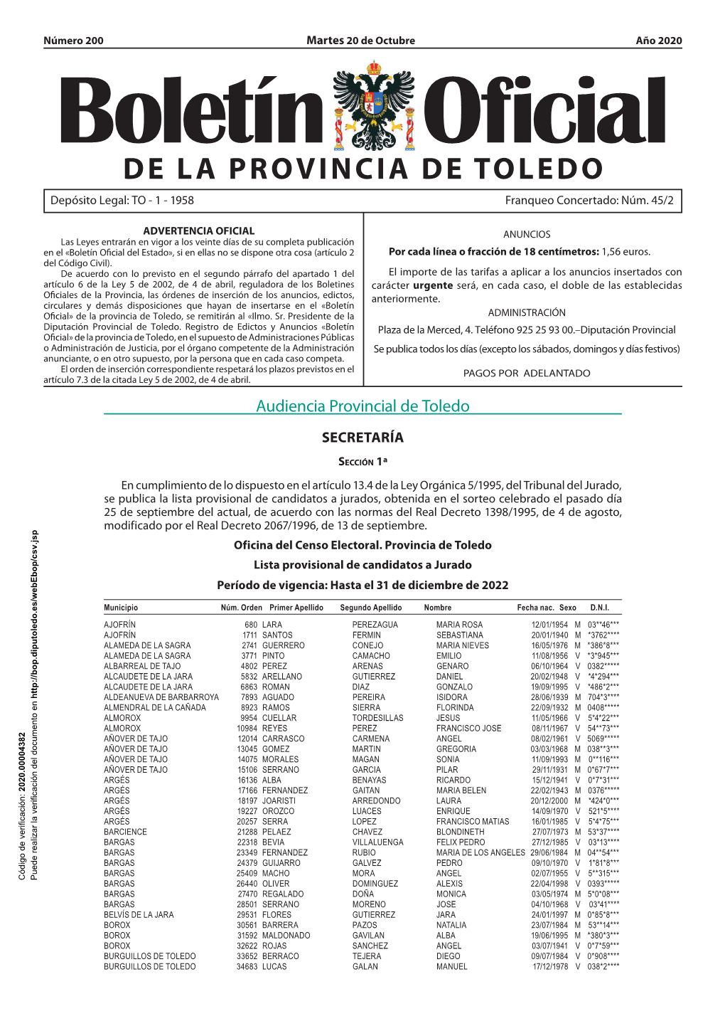 DE LA PROVINCIA DE TOLEDO Depósito Legal: to - 1 - 1958 Franqueo Concertado: Núm