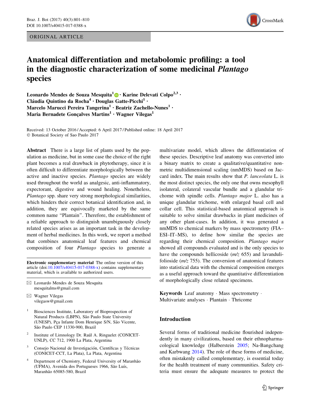 Anatomical Differentiation and Metabolomic Profiling
