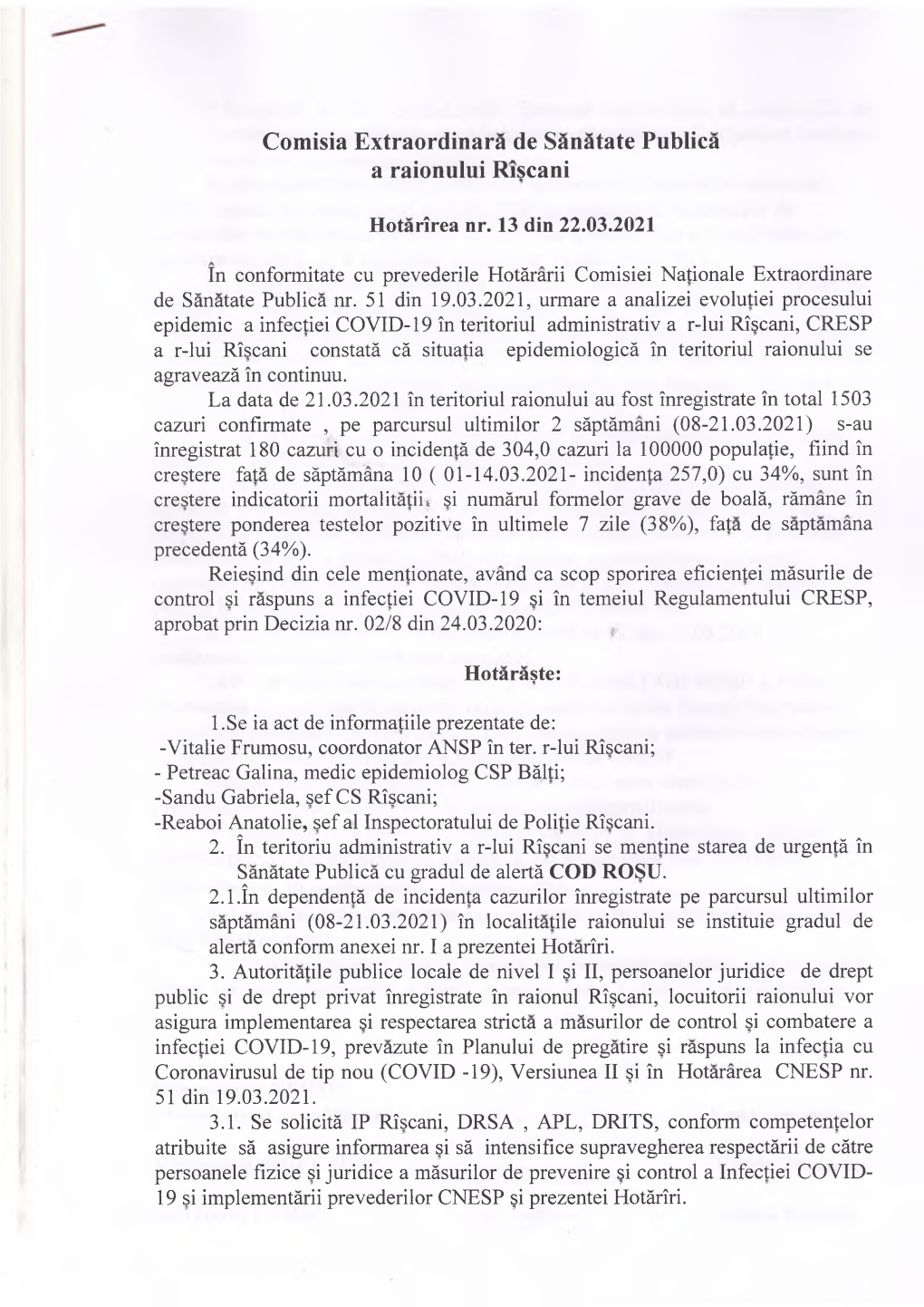 Comisia Extraordinara De Sanatate Publica a Raionului Riscani