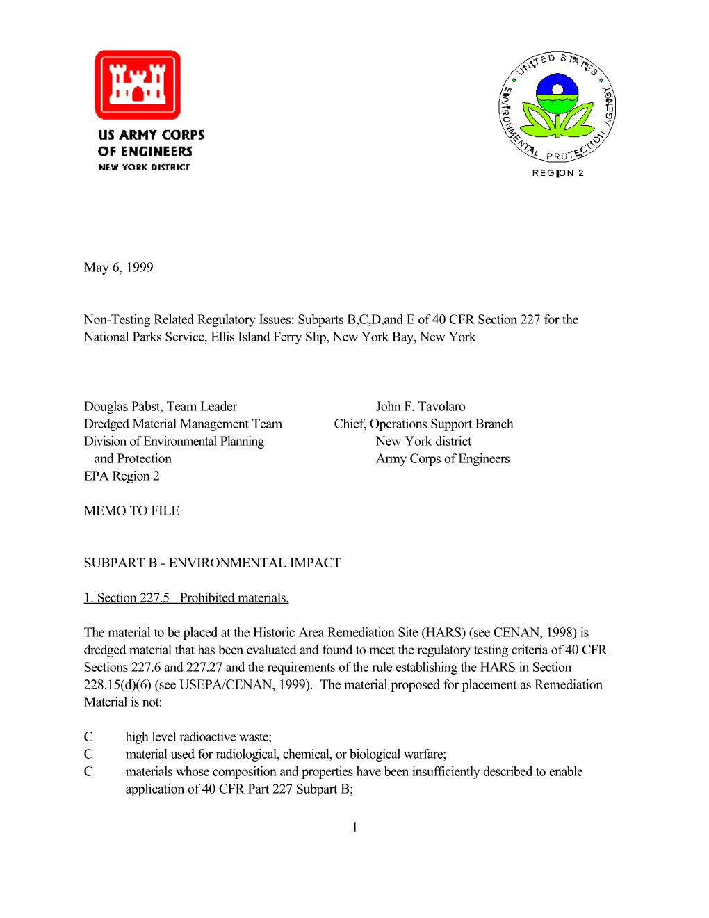 Non-Testing Related Regulatory Issues: Subparts B,C,D,And E of 40 CFR Section 227 for the National Parks Service, Ellis Island Ferry Slip, New York Bay, New York