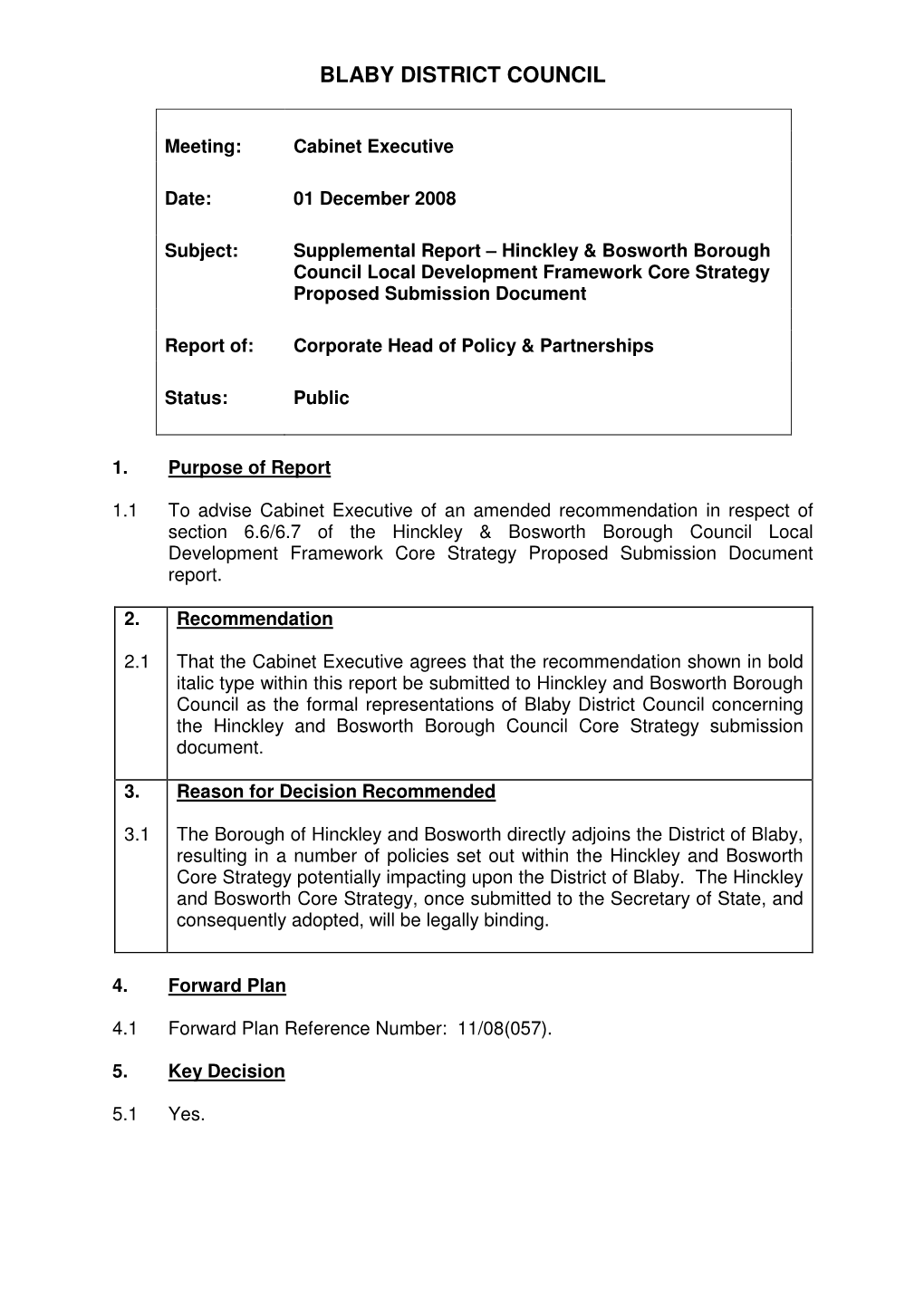 Supplemental Report – Hinckley & Bosworth Borough Council Local Development Framework Core Strategy Proposed Submission Document