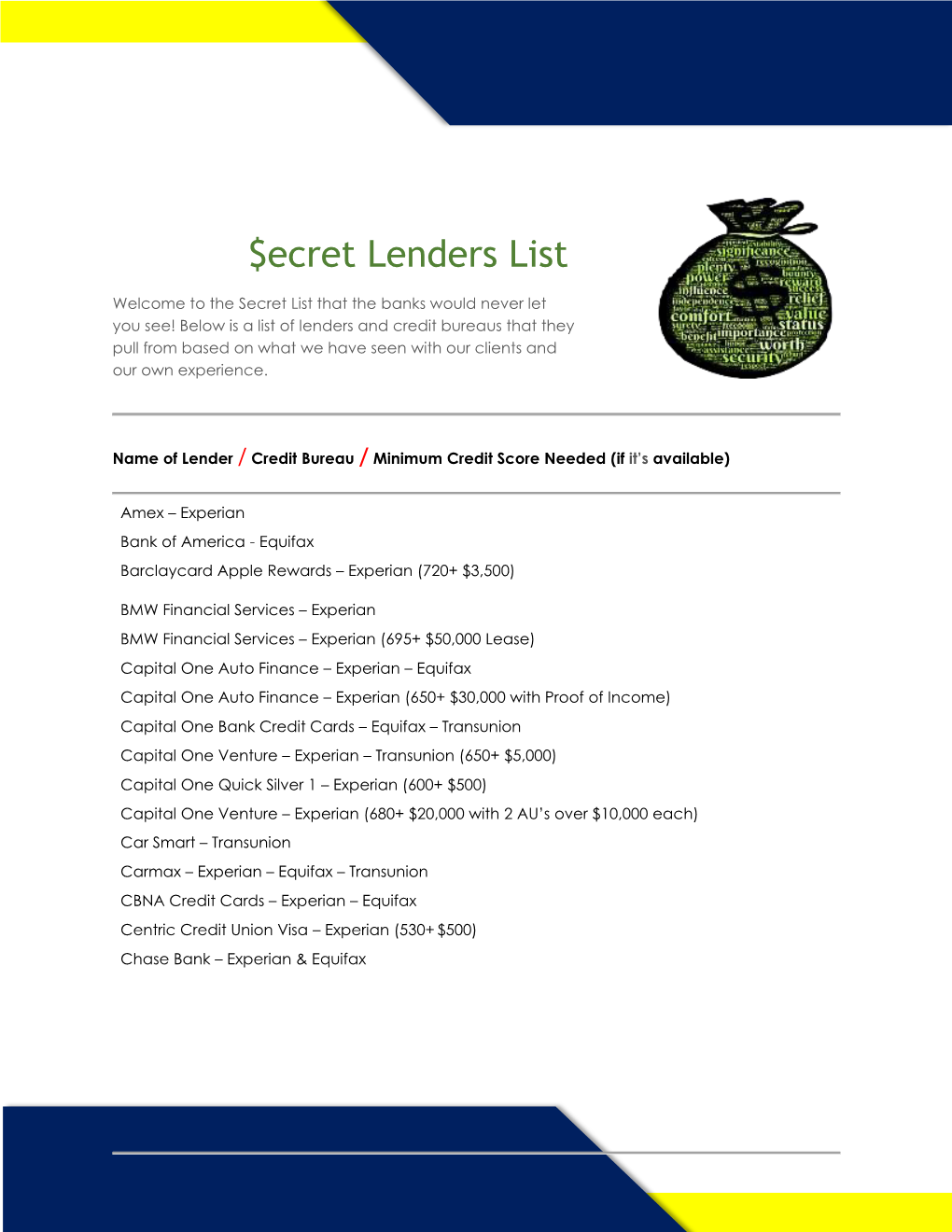$Ecret Lenders List