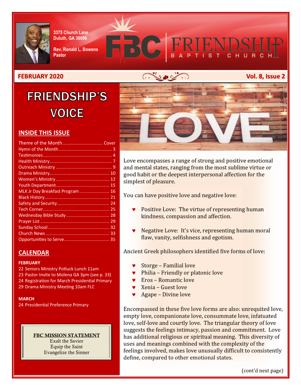 February 2020 Friendship Baptist Church ▪ a Purpose-Driven Church Page 1