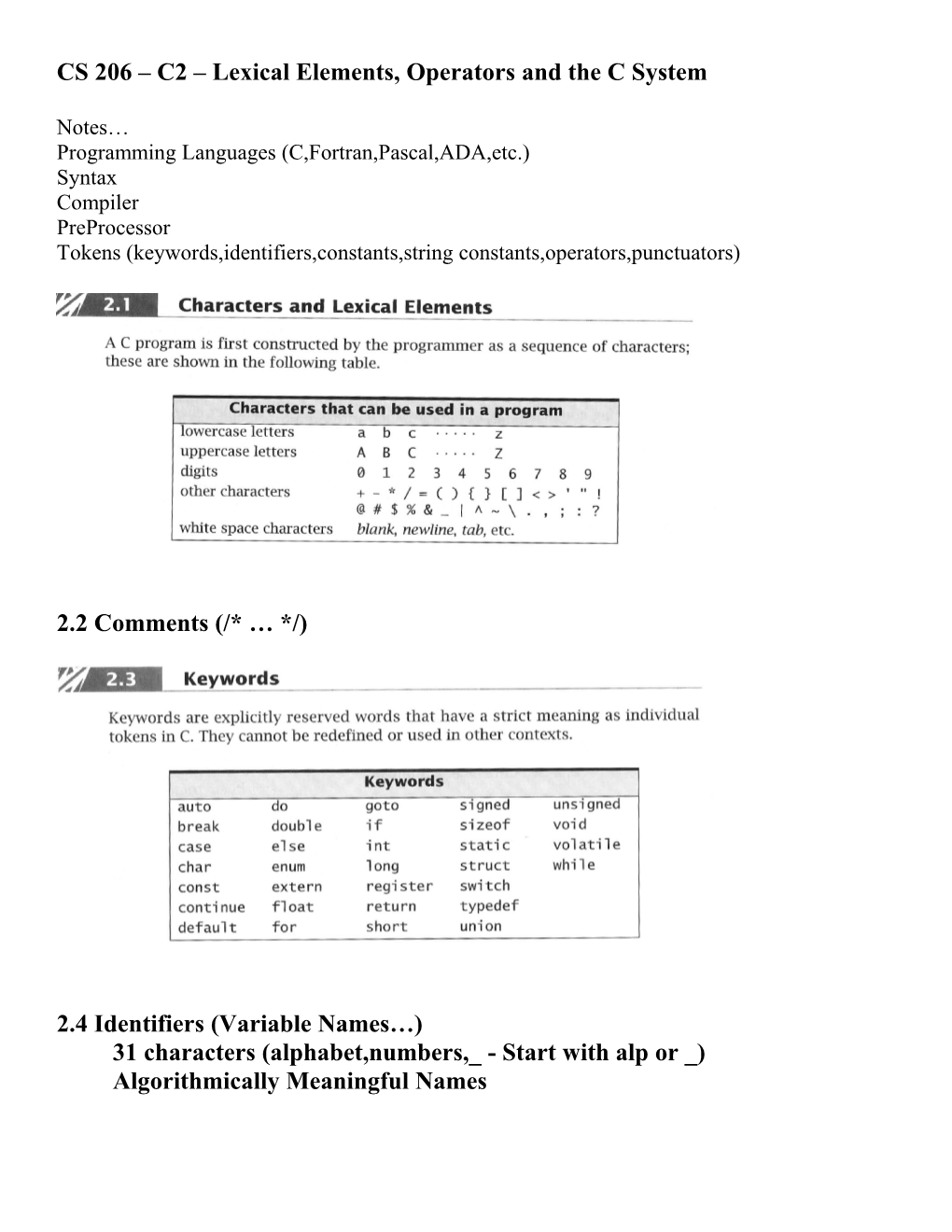 CS 206 C2 Lexical Elements, Operators and the C System