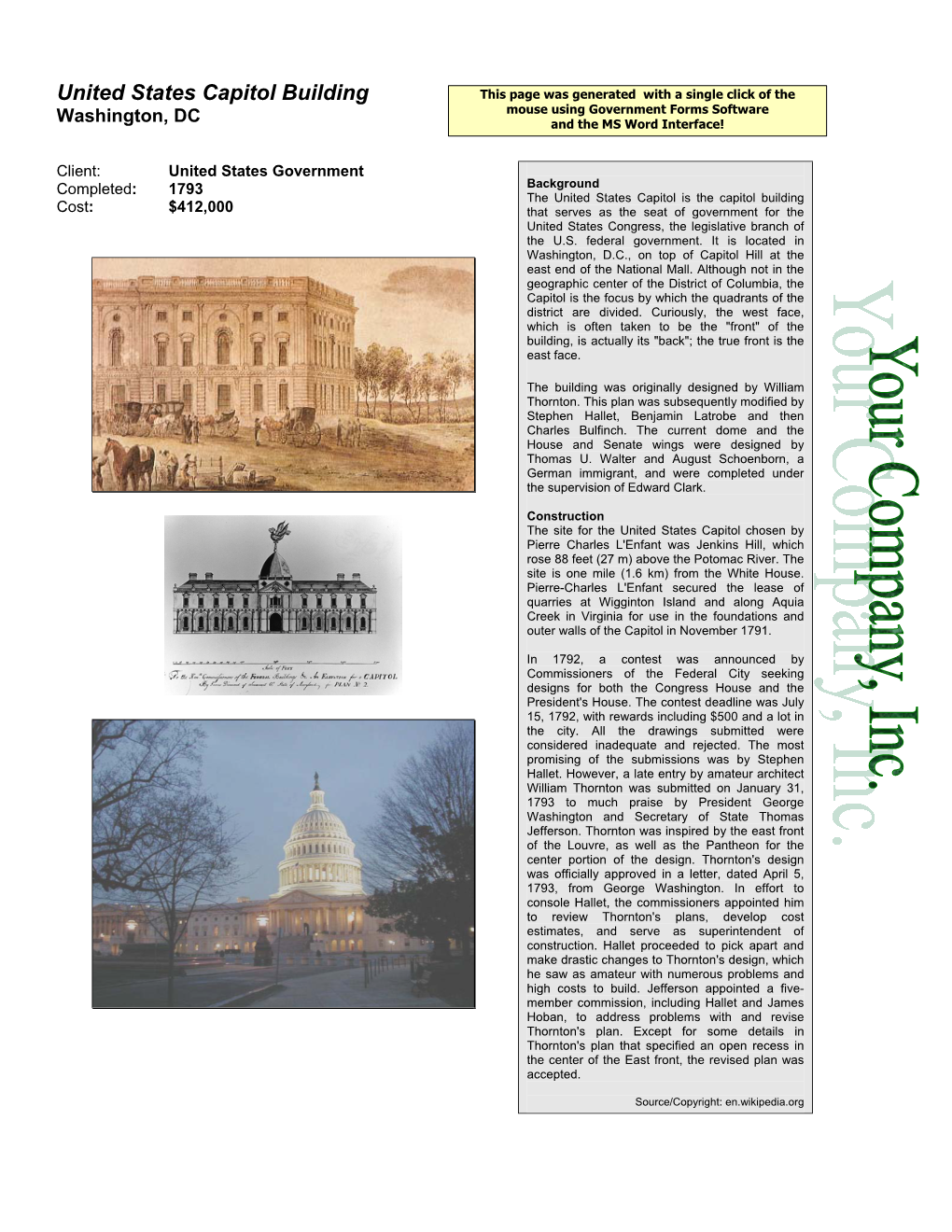 United States Capitol Building This Page Was Generated with a Single Click of the Mouse Using Government Forms Software Washington, DC and the MS Word Interface!