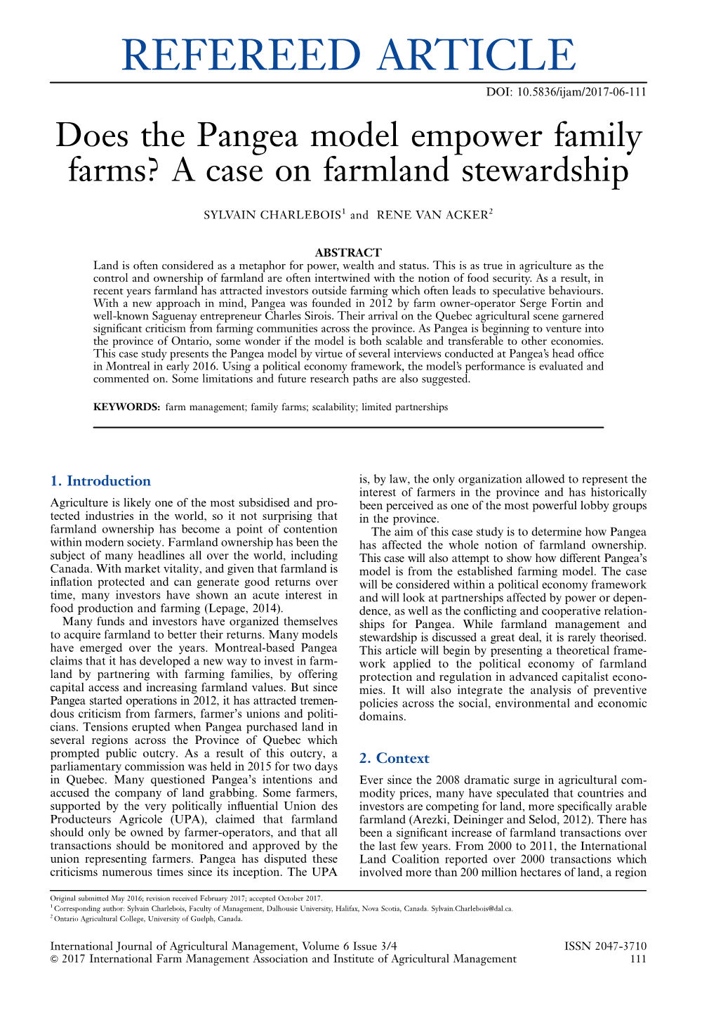 REFEREED ARTICLE DOI: 10.5836/Ijam/2017-06-111 Does the Pangea Model Empower Family Farms? a Case on Farmland Stewardship