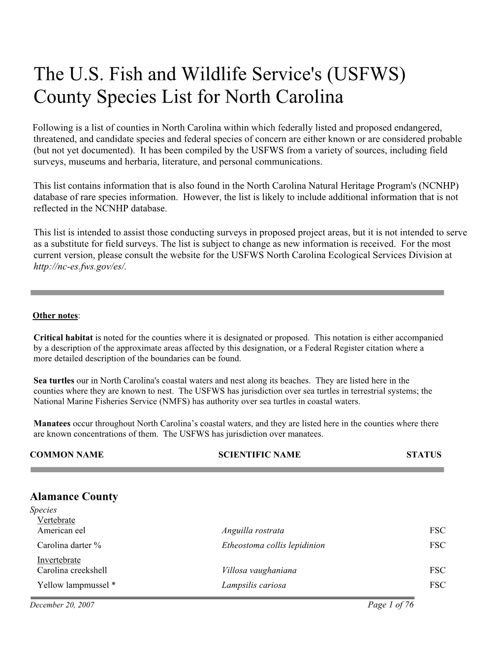 County Species List for North Carolina