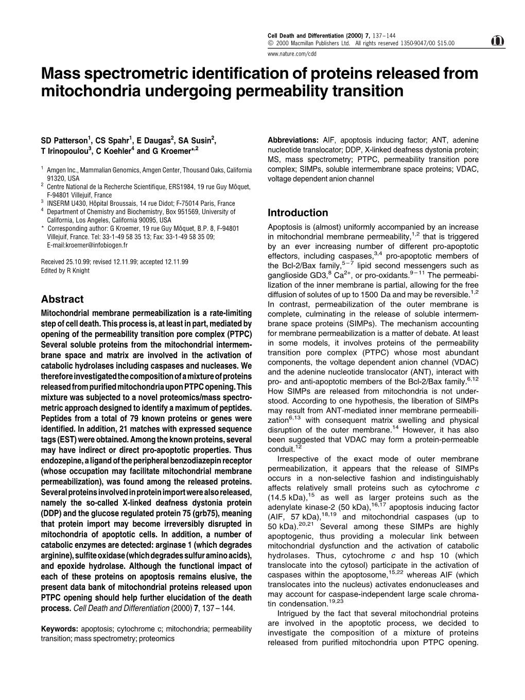 Mass Spectrometric Identification of Proteins Released from Mitochondria Undergoing Permeability Transition