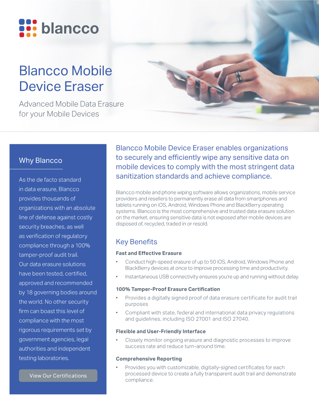 Blancco Mobile Device Eraser Advanced Mobile Data Erasure for Your Mobile Devices