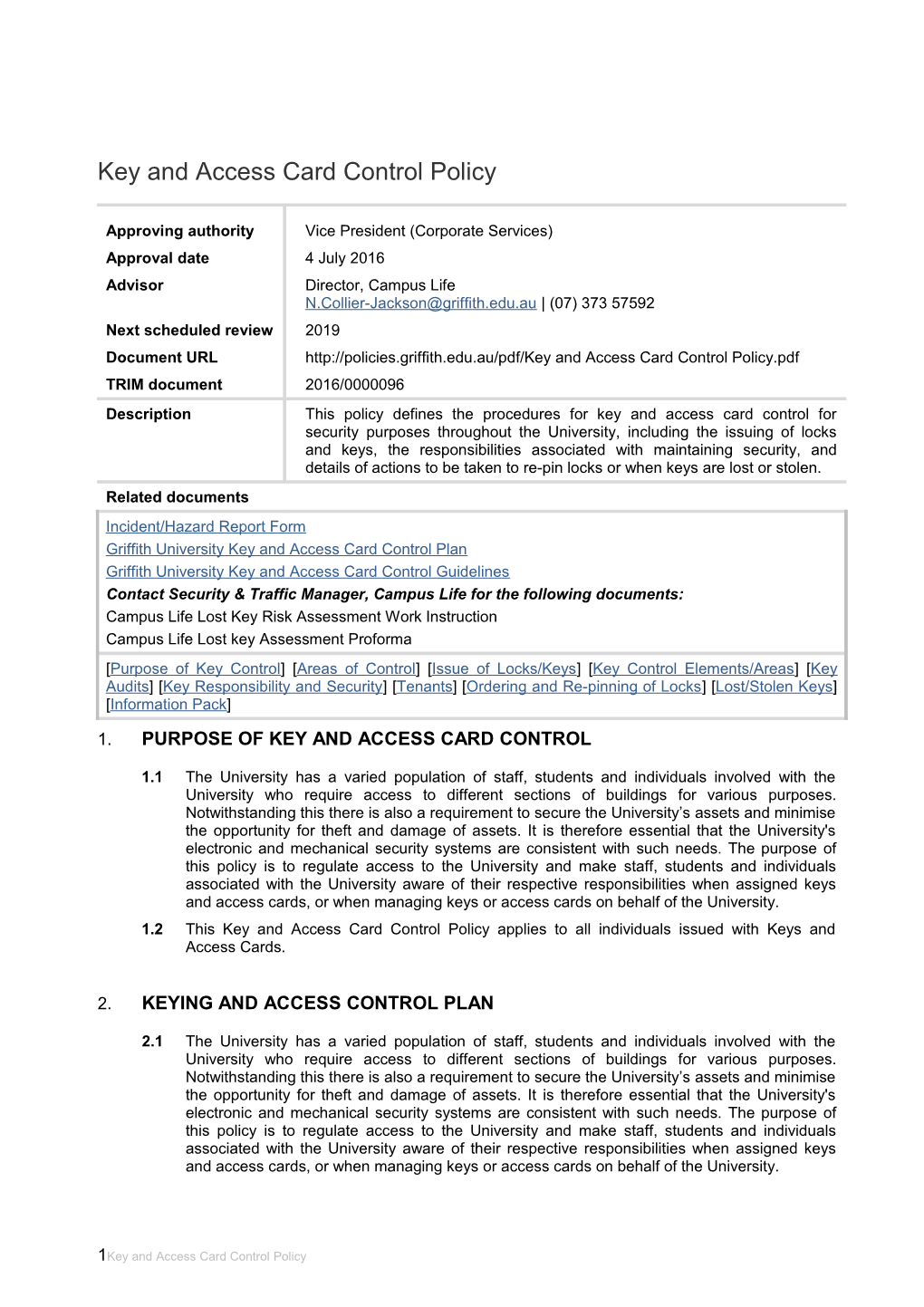 Key and Access Card Control Policy