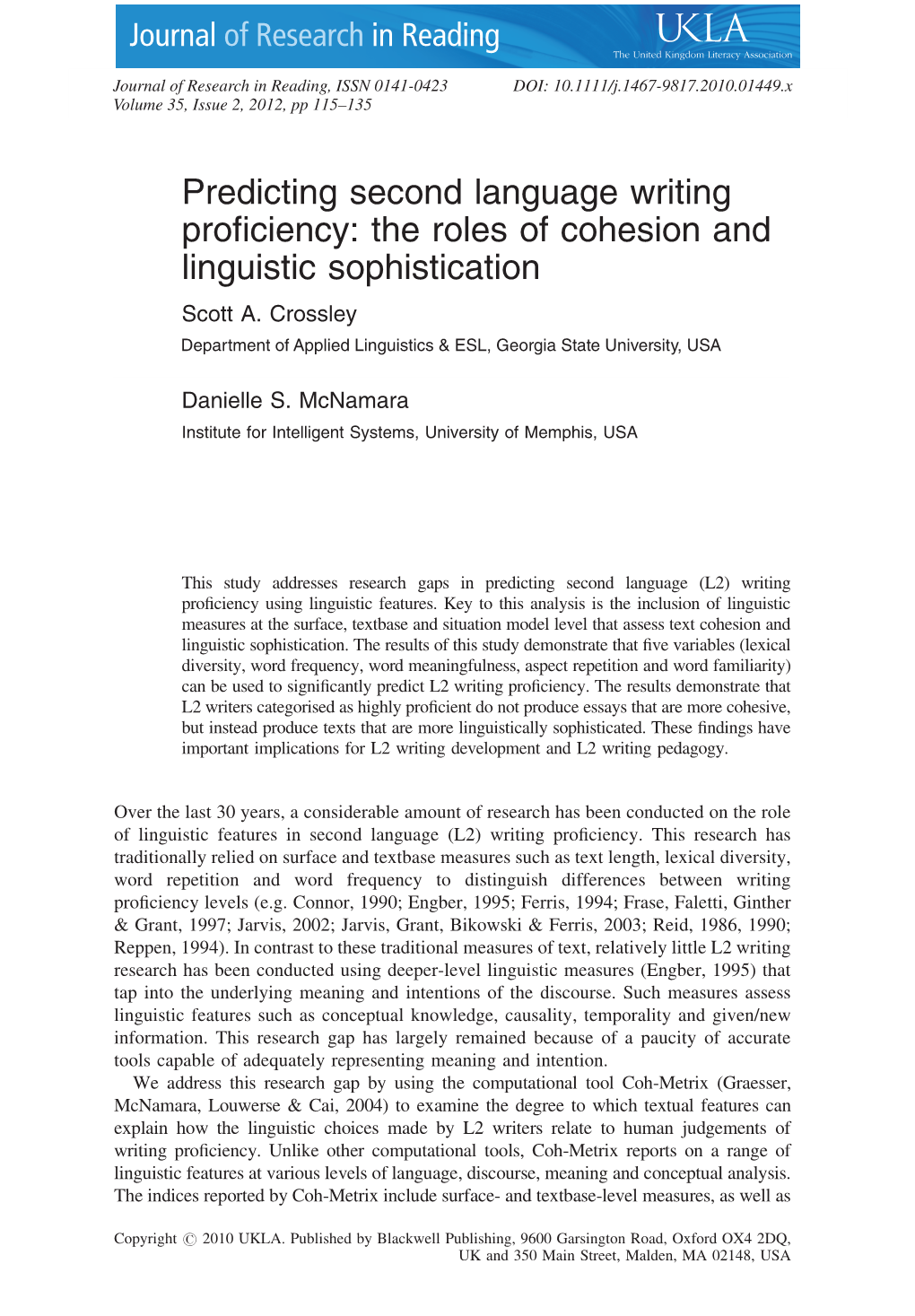 Predicting Second Language Writing Proficiency: the Roles of Cohesion