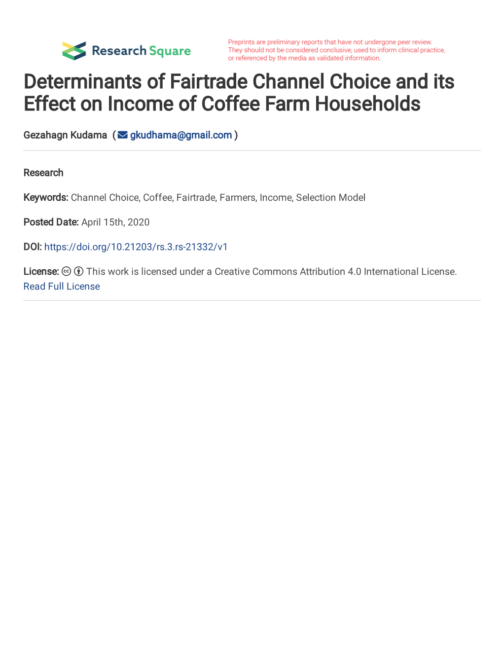 Determinants of Fairtrade Channel Choice and Its Effect on Income of Coffee Farm Households