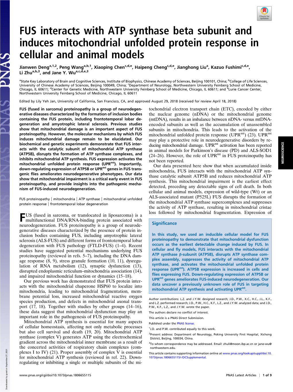 FUS Interacts with ATP Synthase Beta Subunit and Induces Mitochondrial Unfolded Protein Response in Cellular and Animal Models