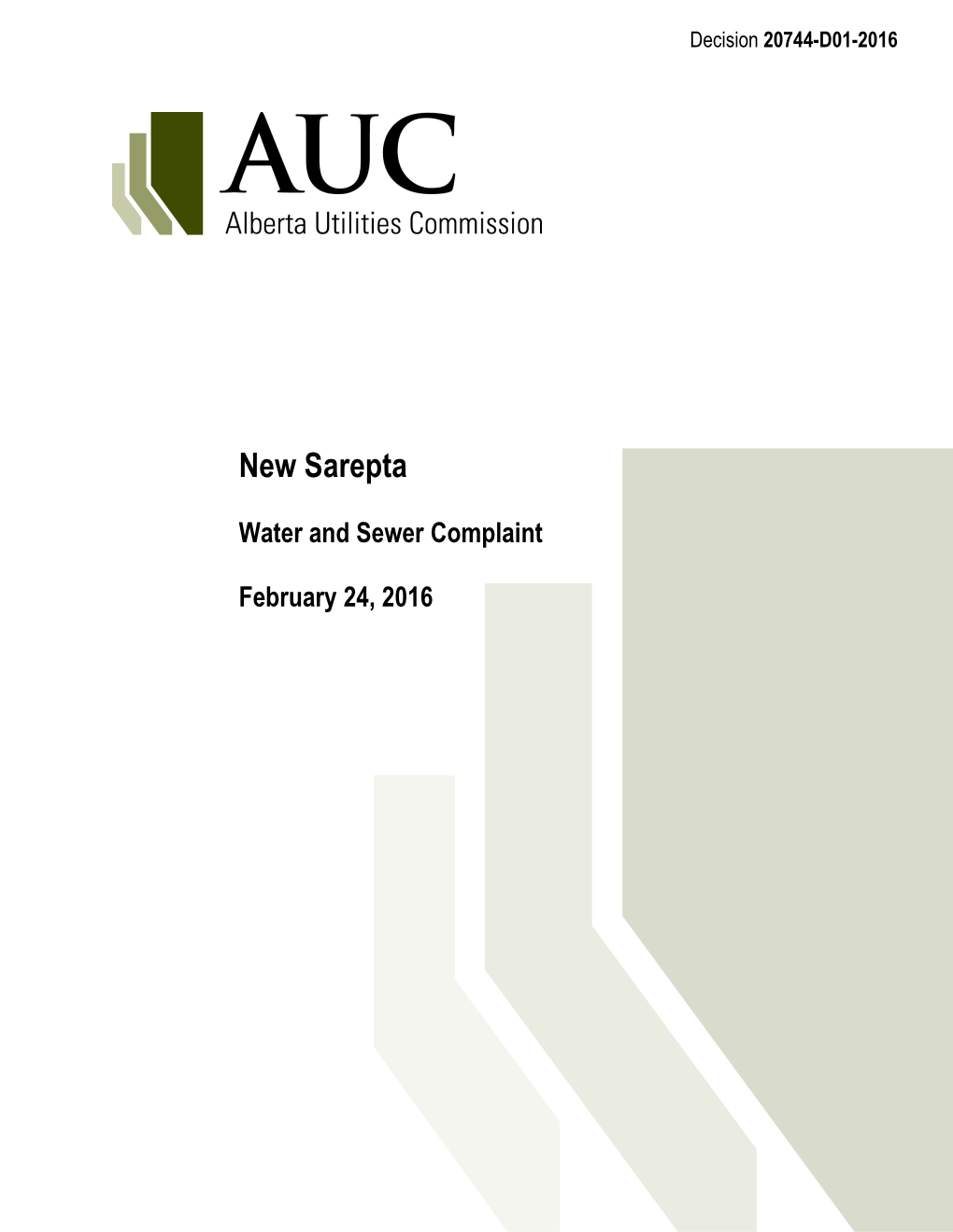 Decision 20744-D01-2016 New Sarepta Water and Sewer Complaint Proceeding 20744