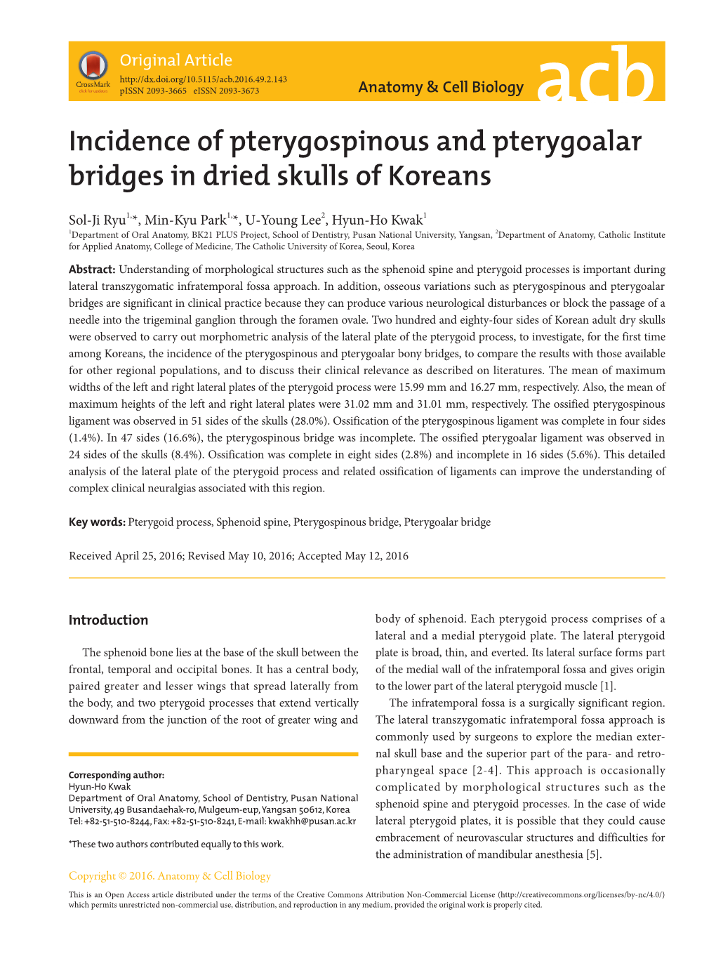 Incidence of Pterygospinous and Pterygoalar Bridges in Dried Skulls of Koreans