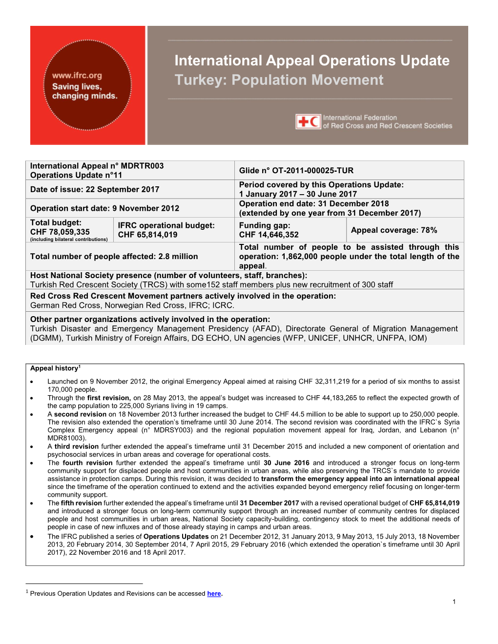 International Appeal Operations Update Turkey: Population Movement