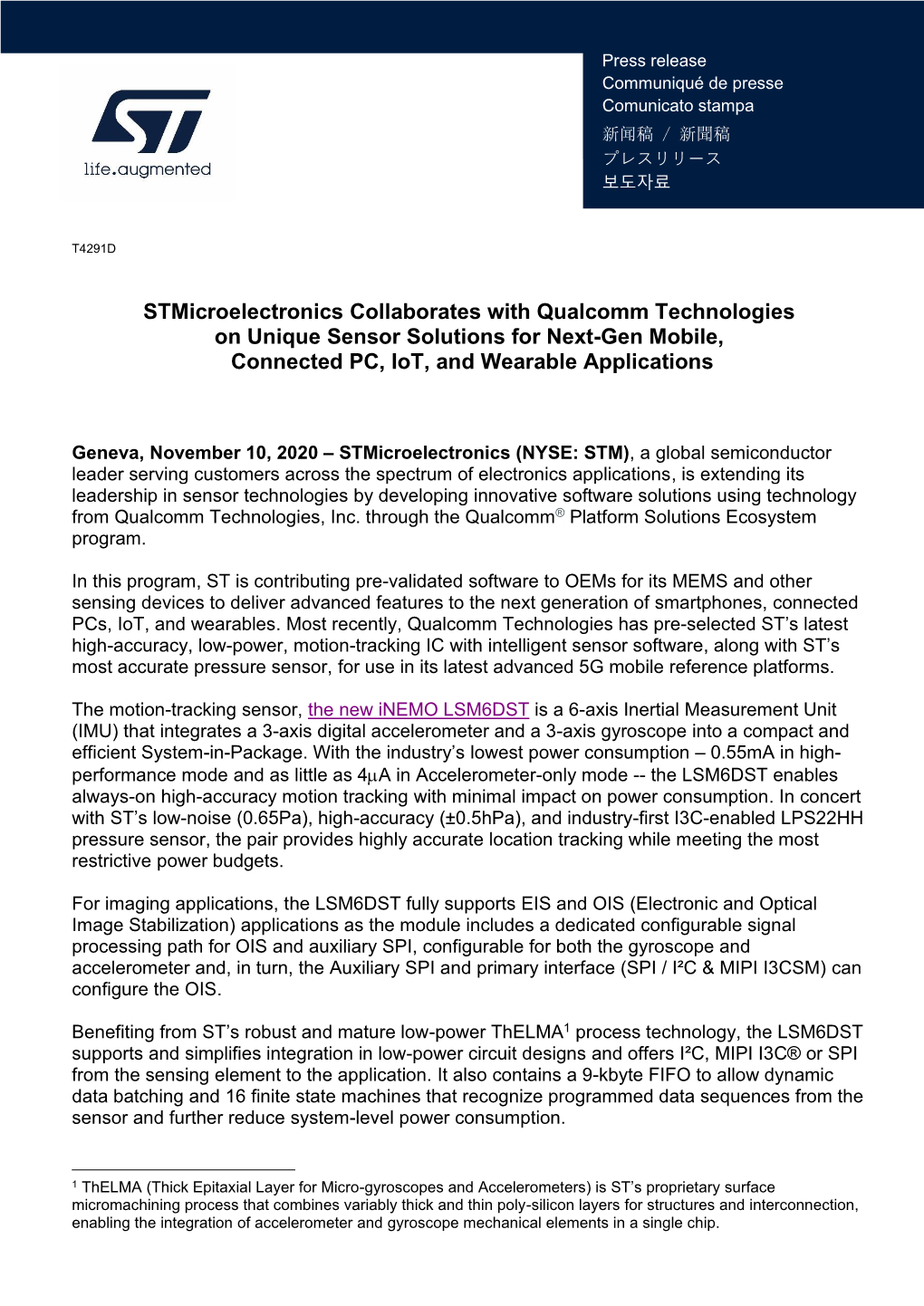 Stmicroelectronics Collaborates with Qualcomm Technologies on Unique Sensor Solutions for Next-Gen Mobile, Connected PC, Iot, and Wearable Applications