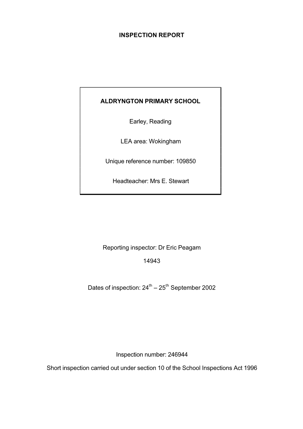 Inspection Report Aldryngton Primary