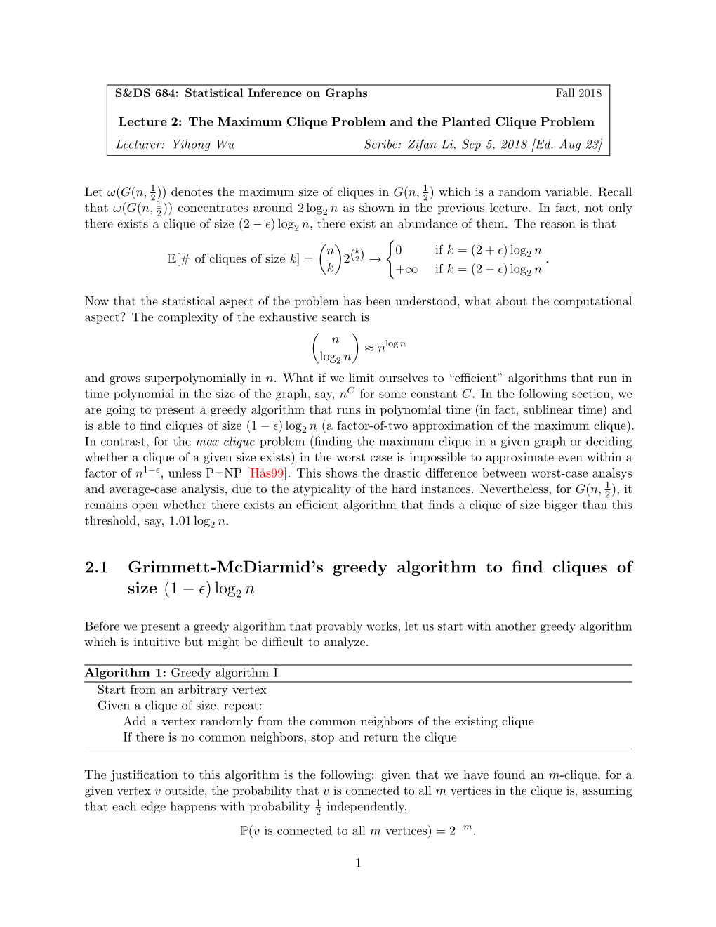 2.1 Grimmett-Mcdiarmid's Greedy Algorithm to Find Cliques of Size