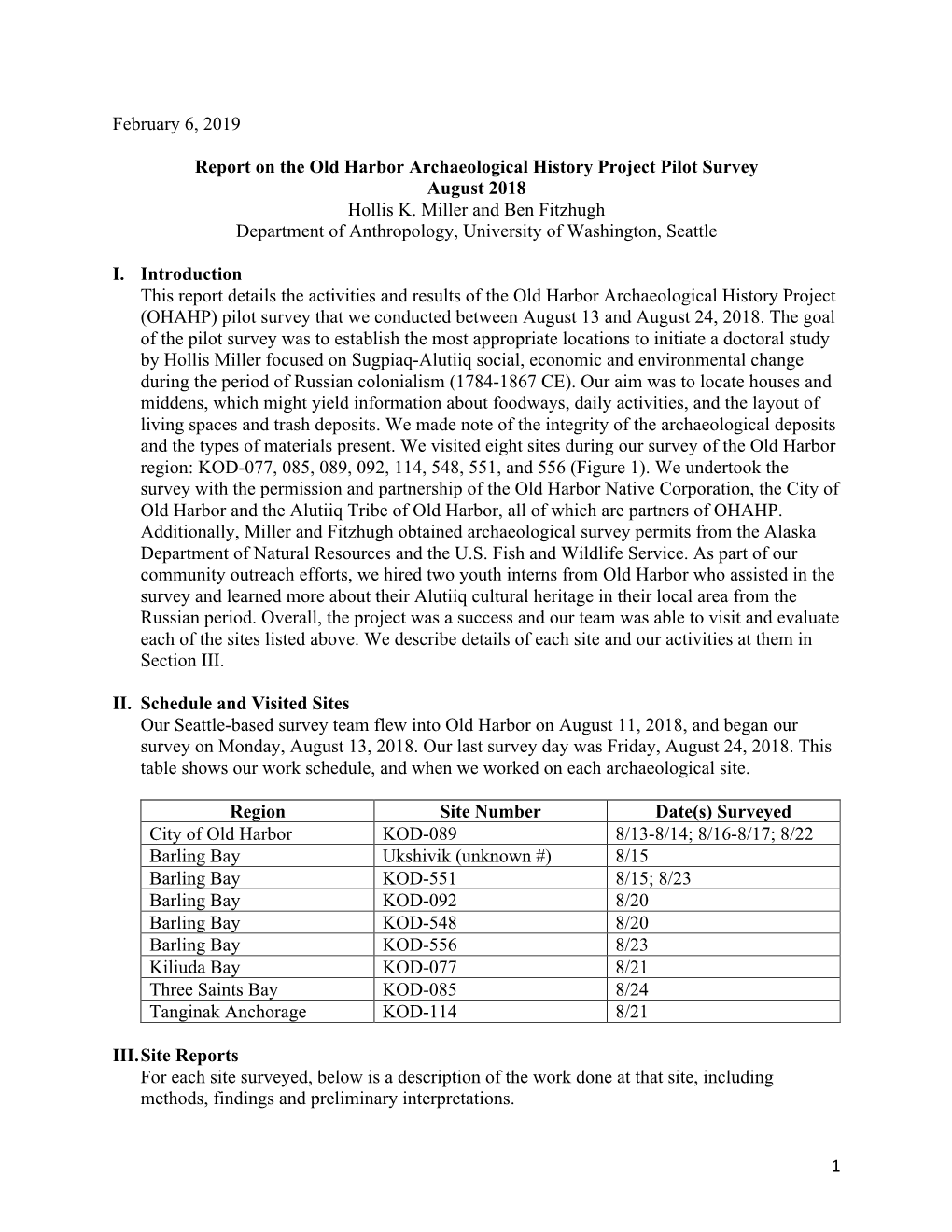 1 February 6, 2019 Report on the Old Harbor Archaeological History