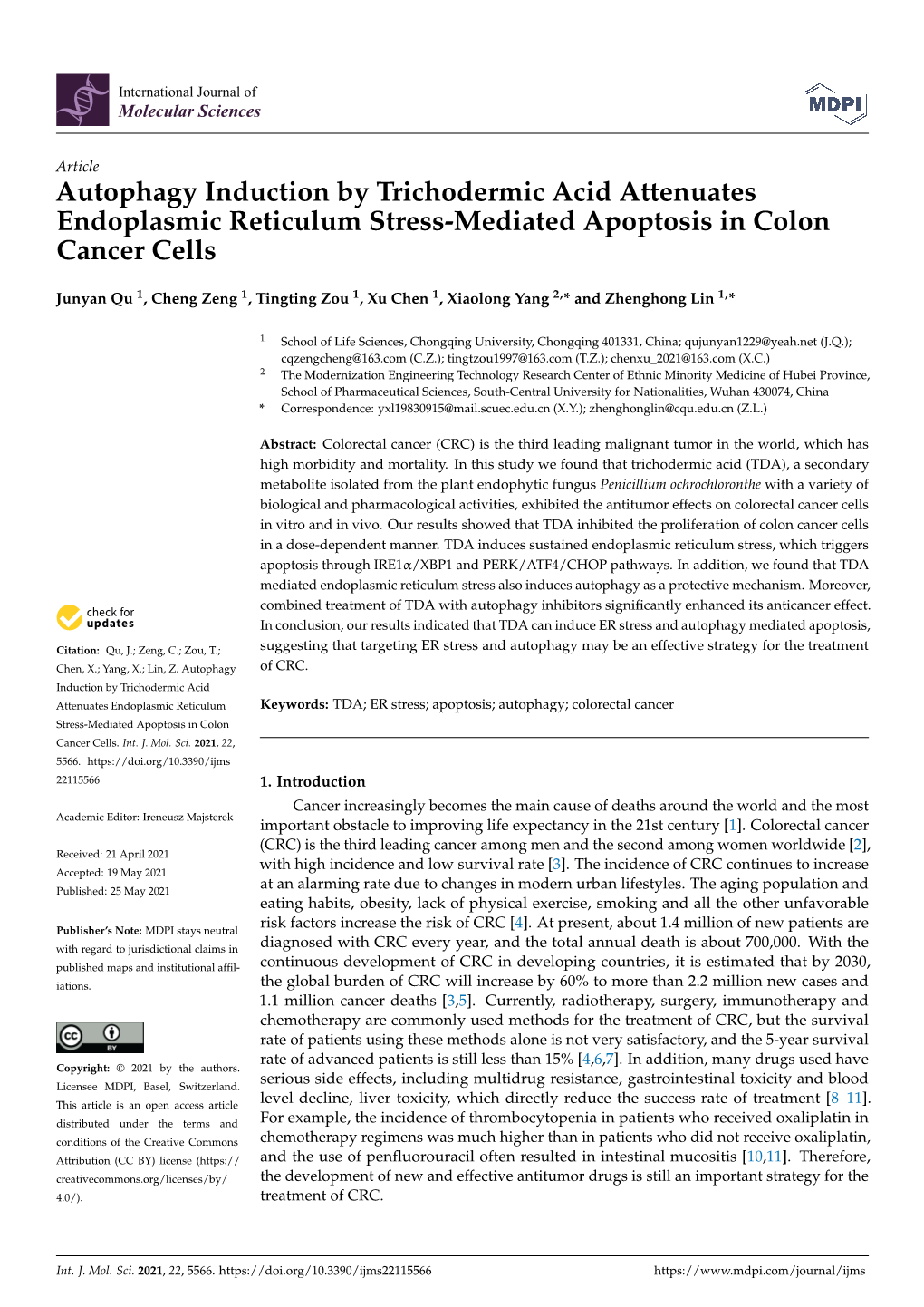 Autophagy Induction by Trichodermic Acid Attenuates Endoplasmic Reticulum Stress-Mediated Apoptosis in Colon Cancer Cells